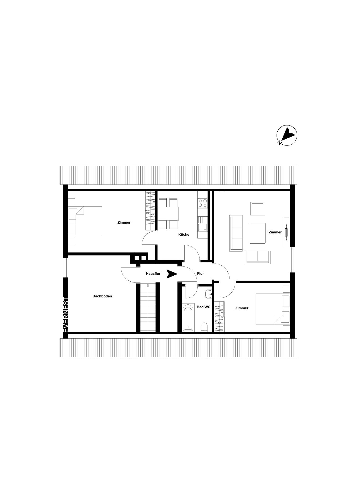 Grundriss einer Wohnung mit drei Zimmern, Küche, Bad, Flur und Dachboden.