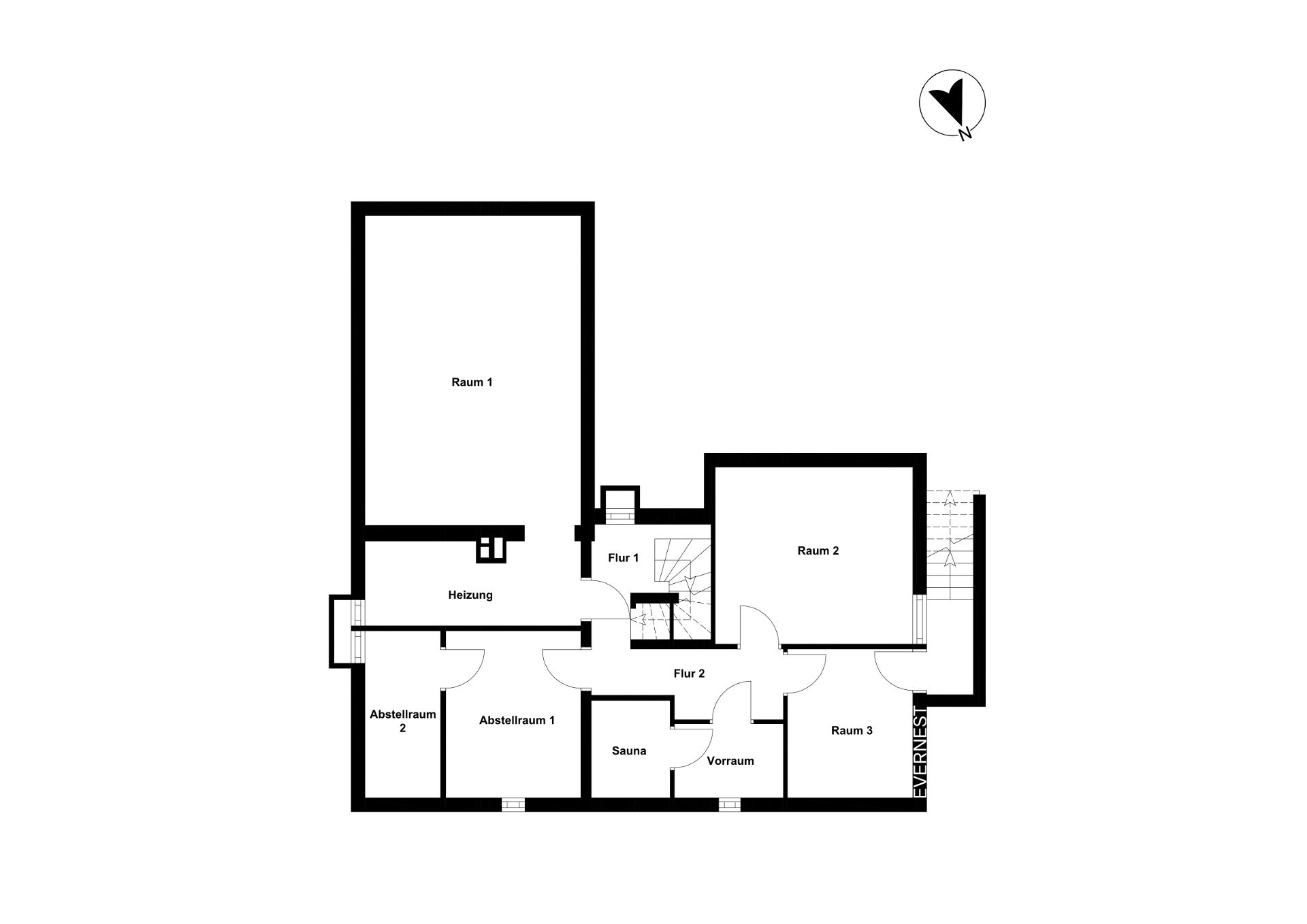 Grundriss mit drei Räumen, zwei Abstellräumen, Heizung, Sauna, Vorraum und zwei Fluren.