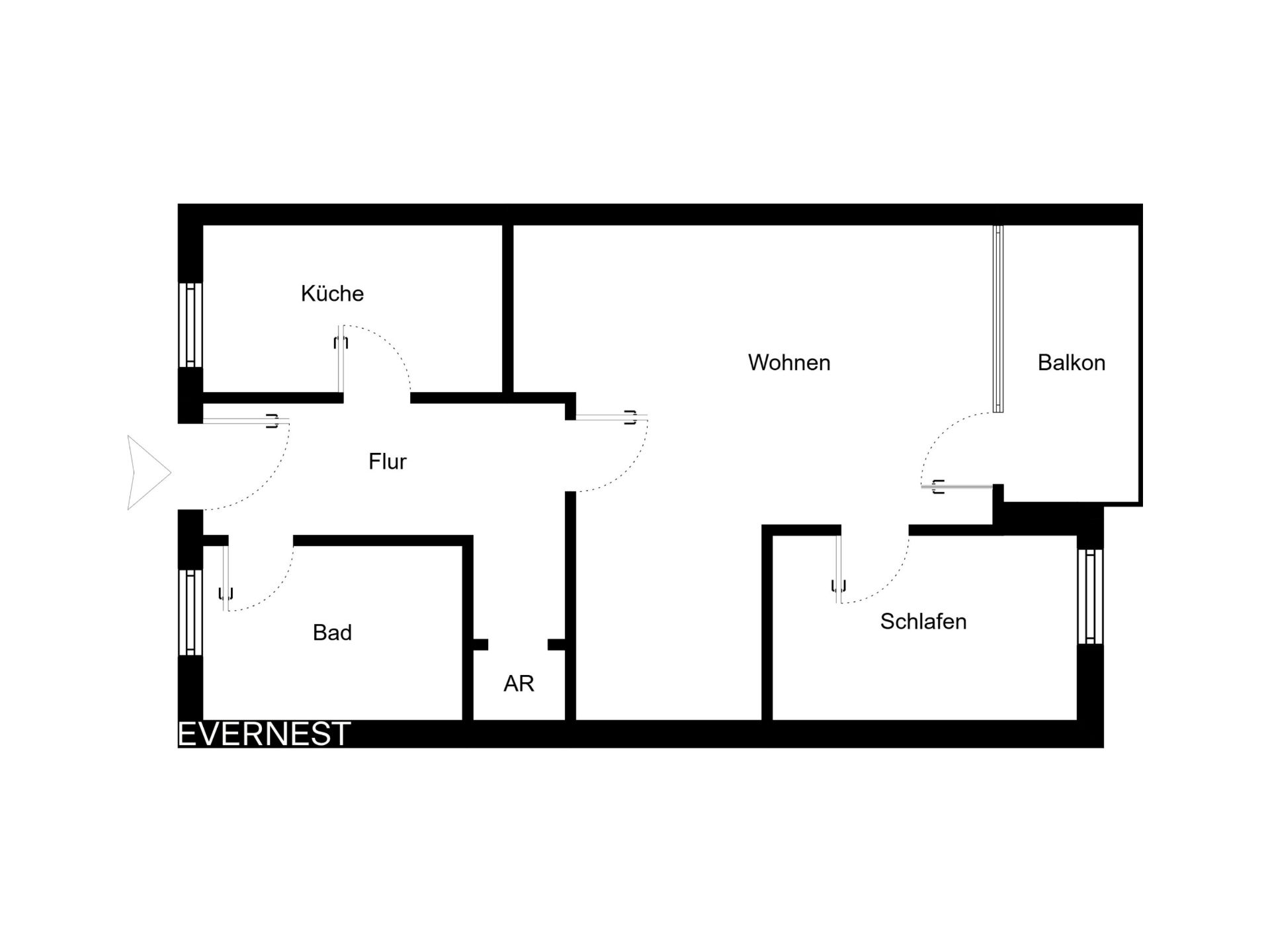Grundriss einer Wohnung mit Küche, Bad, Flur, Abstellraum, Wohnzimmer, Schlafzimmer und Balkon.