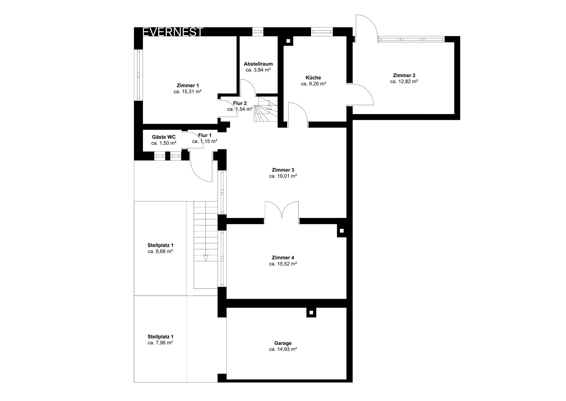 Grundriss eines Wohnhauses mit vier Zimmern, Küche, Gäste-WC, Abstellraum, Garage und Stellplätzen.