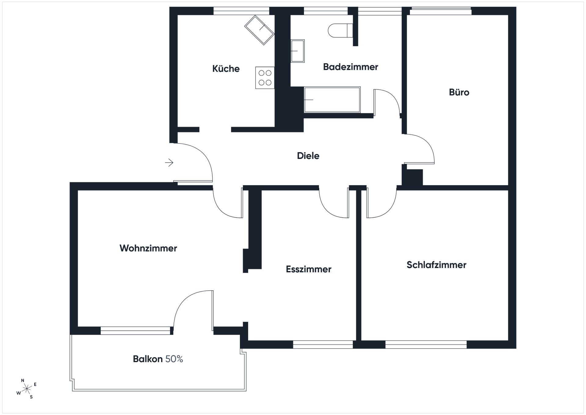 Grundriss einer Wohnung mit Wohnzimmer, Esszimmer, Schlafzimmer, Büro, Küche, Bad und Balkon.