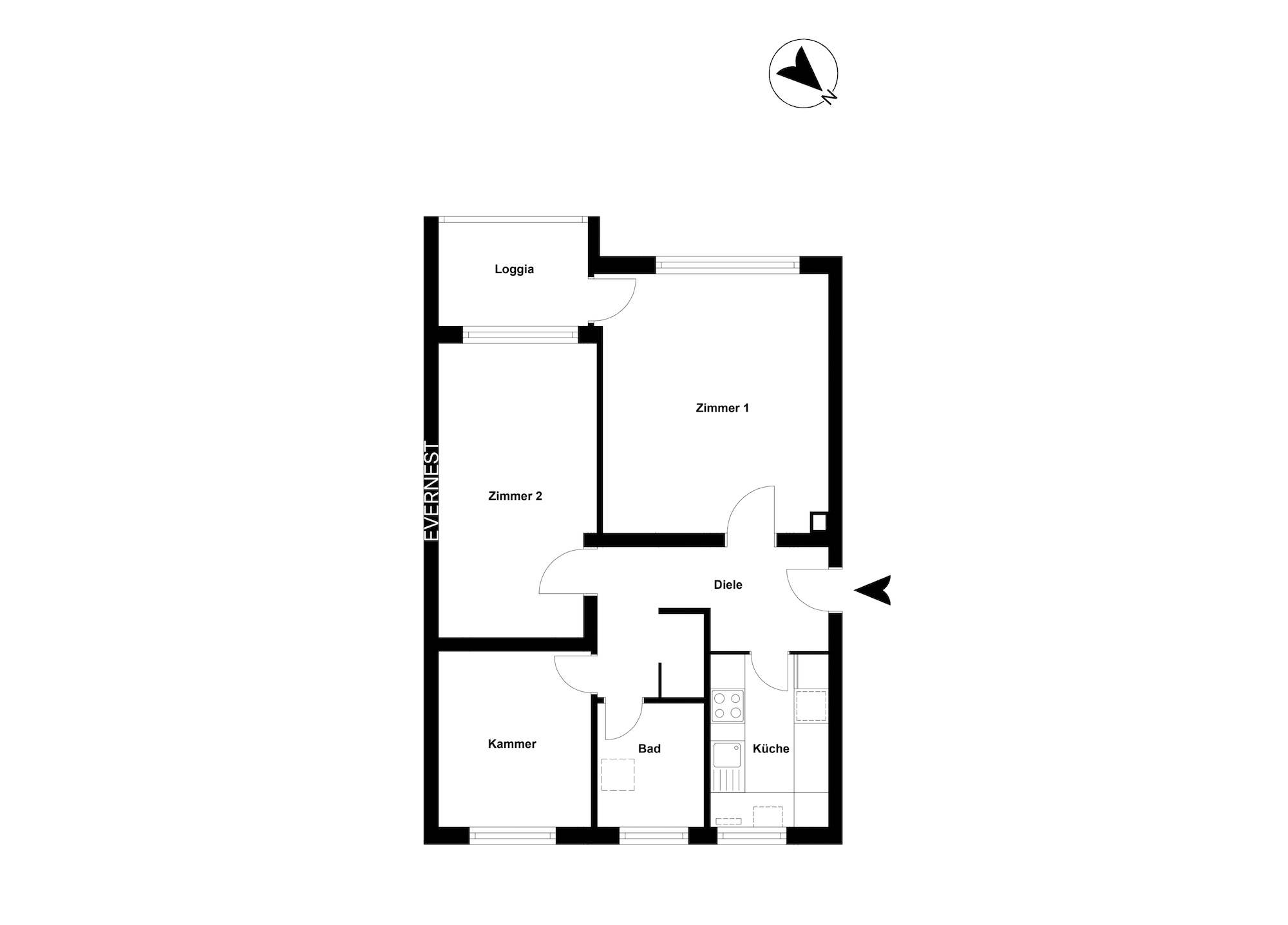 Wohnungsgrundriss mit zwei Zimmern, Loggia, Kammer, Bad, Küche und Diele.