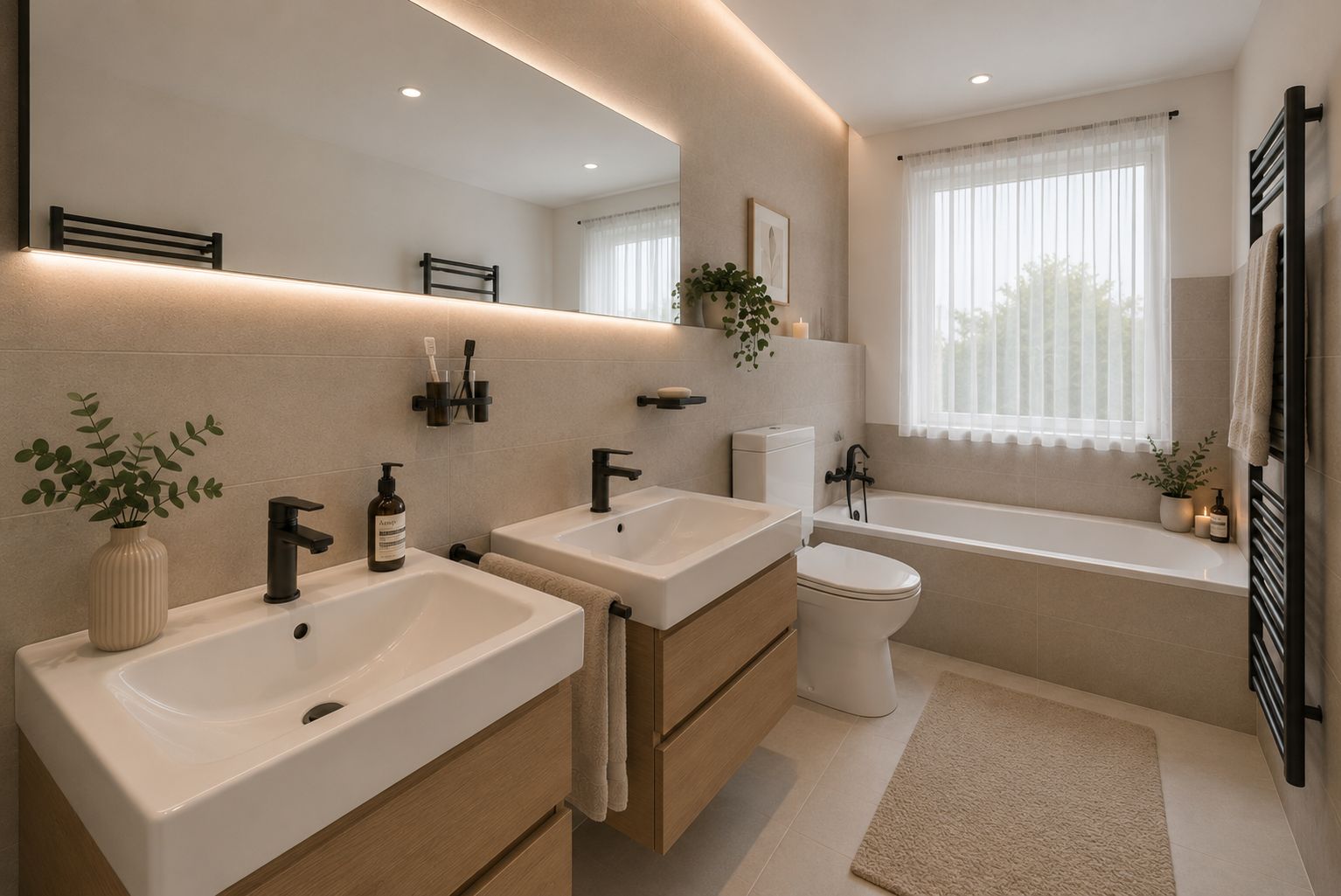 Modernes Badezimmer mit zwei Waschbecken, Toilette, Badewanne und großem Spiegel.