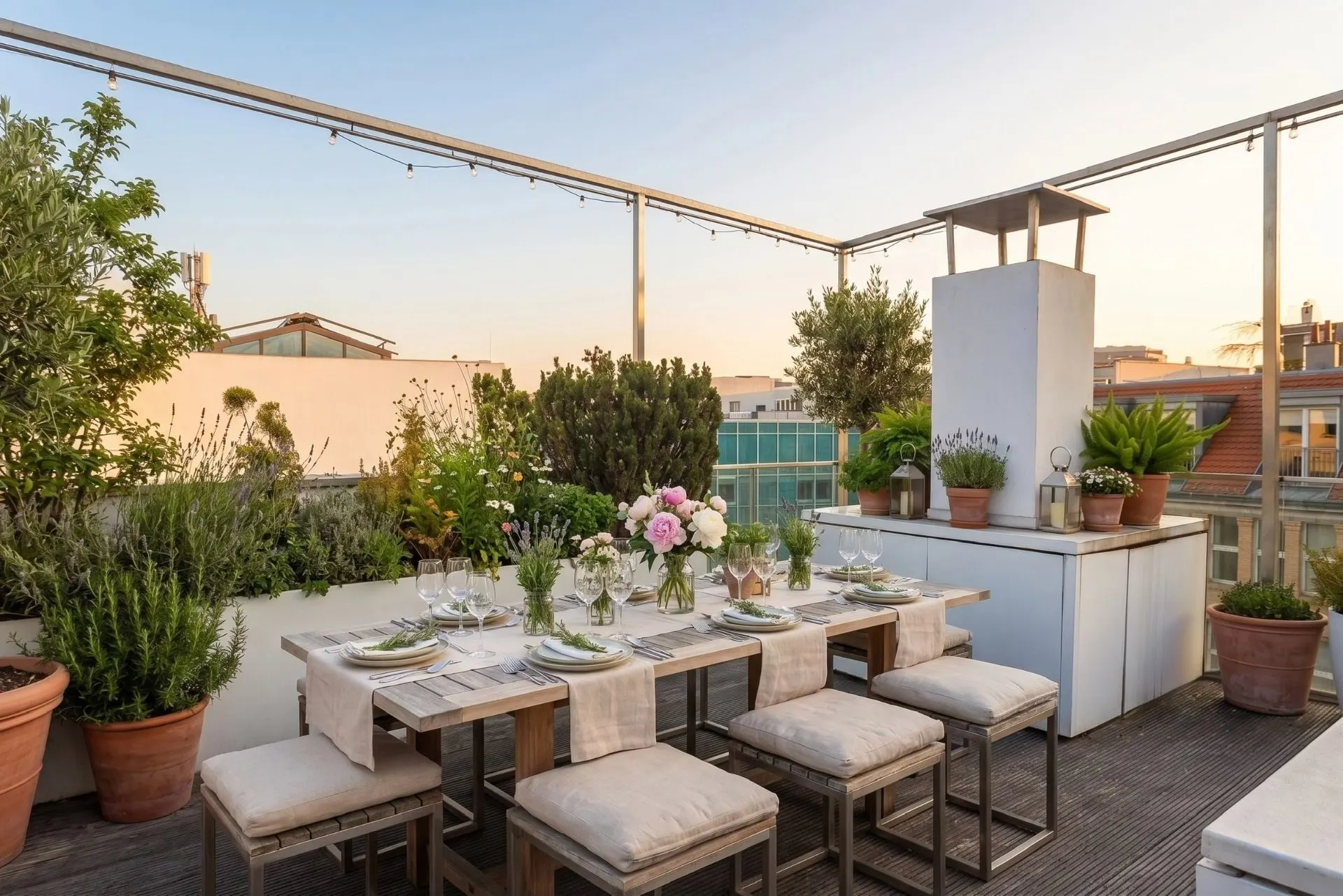Terrasse mit Esstisch, Stühlen, Pflanzen in Töpfen und dekorierter Tafel bei Sonnenuntergang.