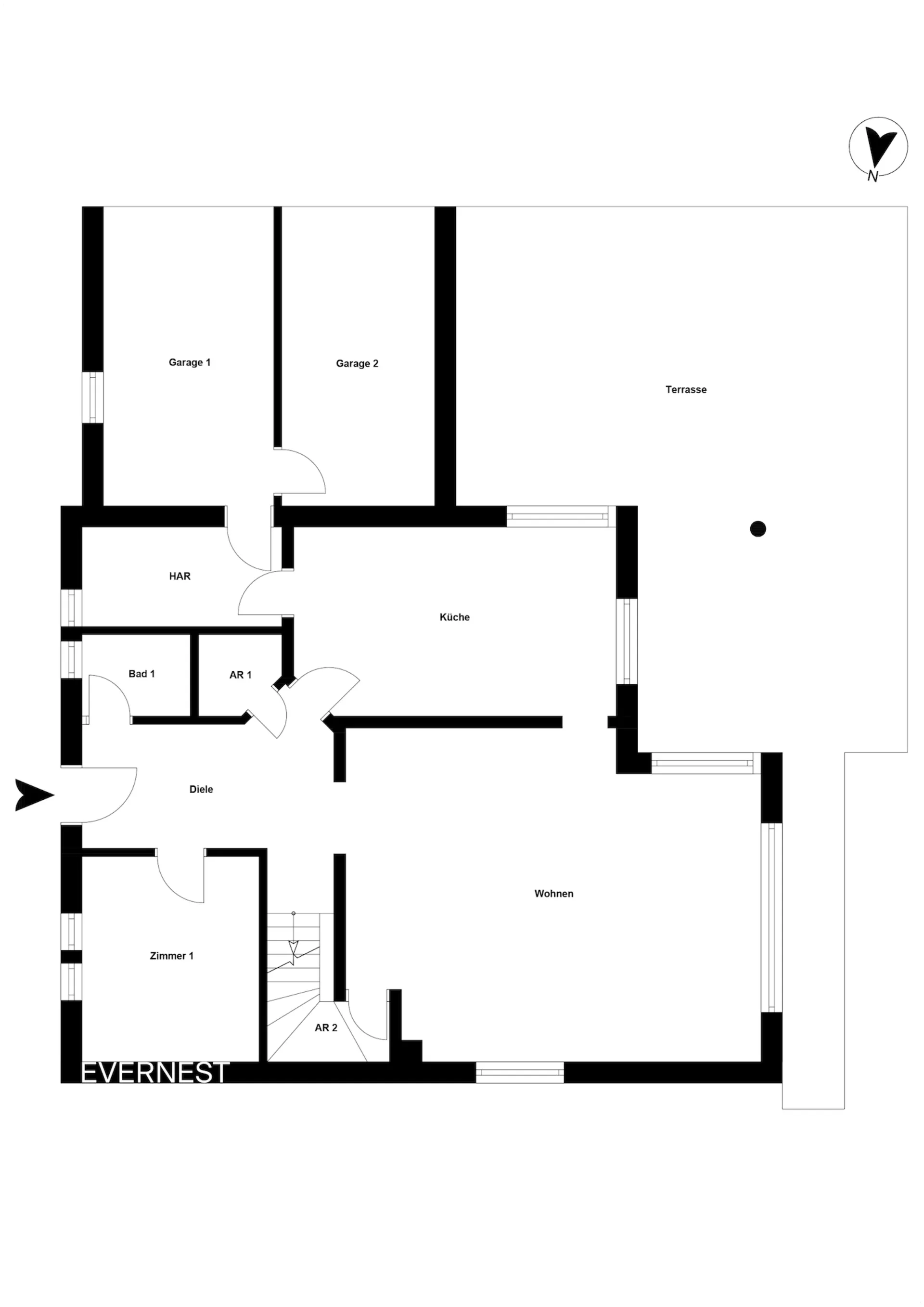 Grundriss eines Wohnhauses mit Garage, Terrasse, Küche, Bad, Wohnzimmer und Zimmer.