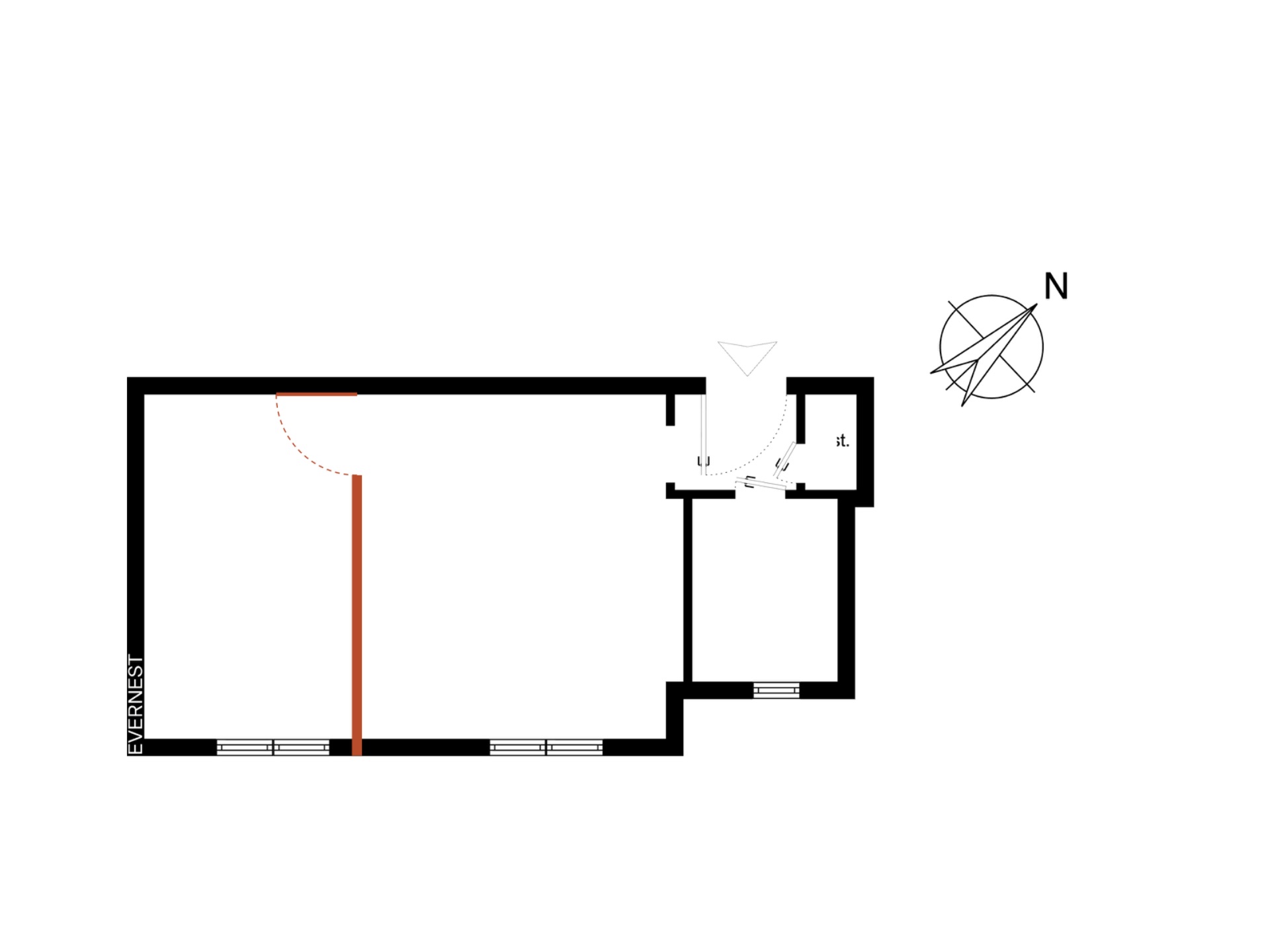 Einfacher Wohnungsgrundriss mit zwei Räumen, Eingang und kleinem Flur.