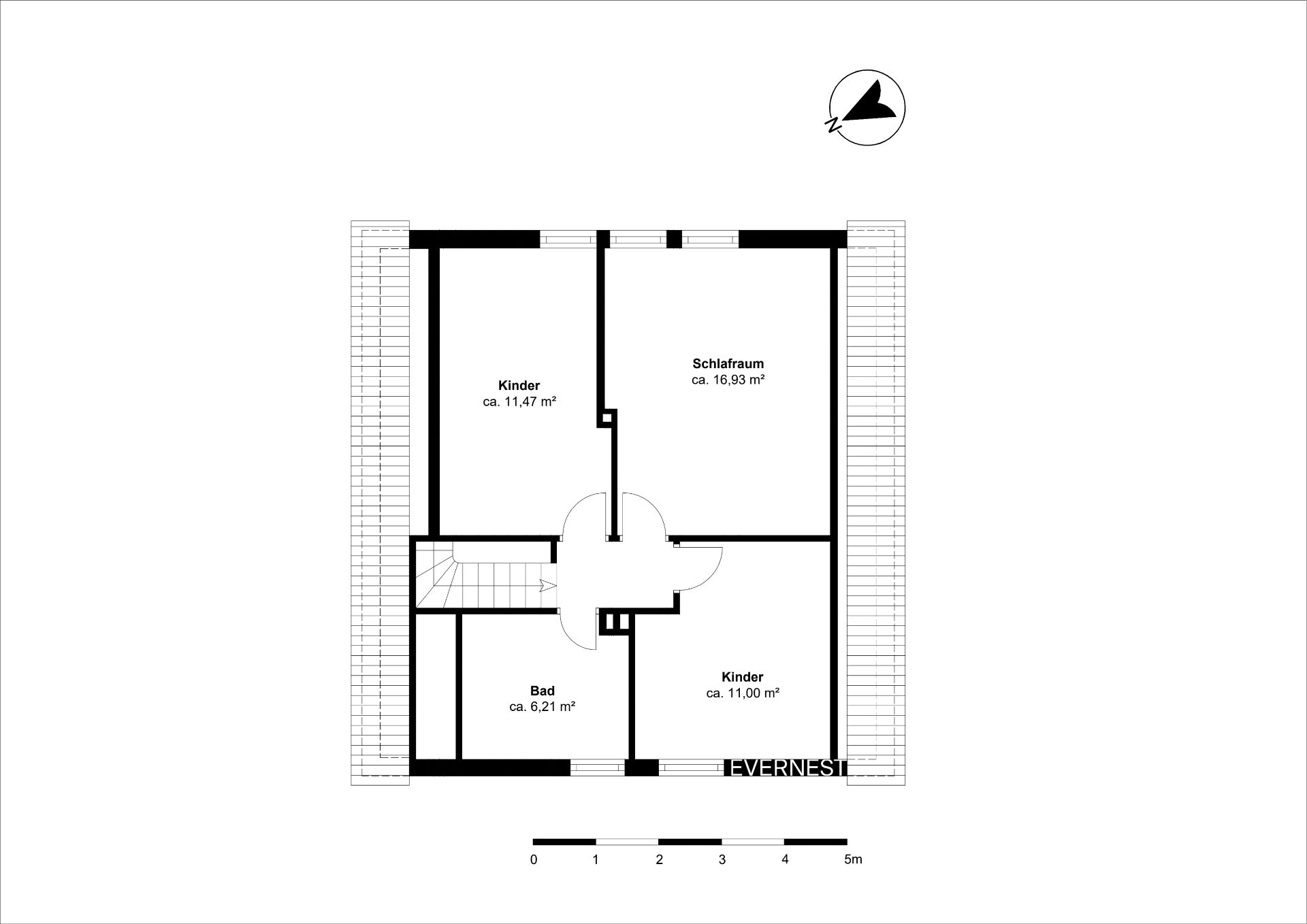Grundriss mit drei Zimmern und einem Bad, verbunden durch einen Flur und eine Treppe.