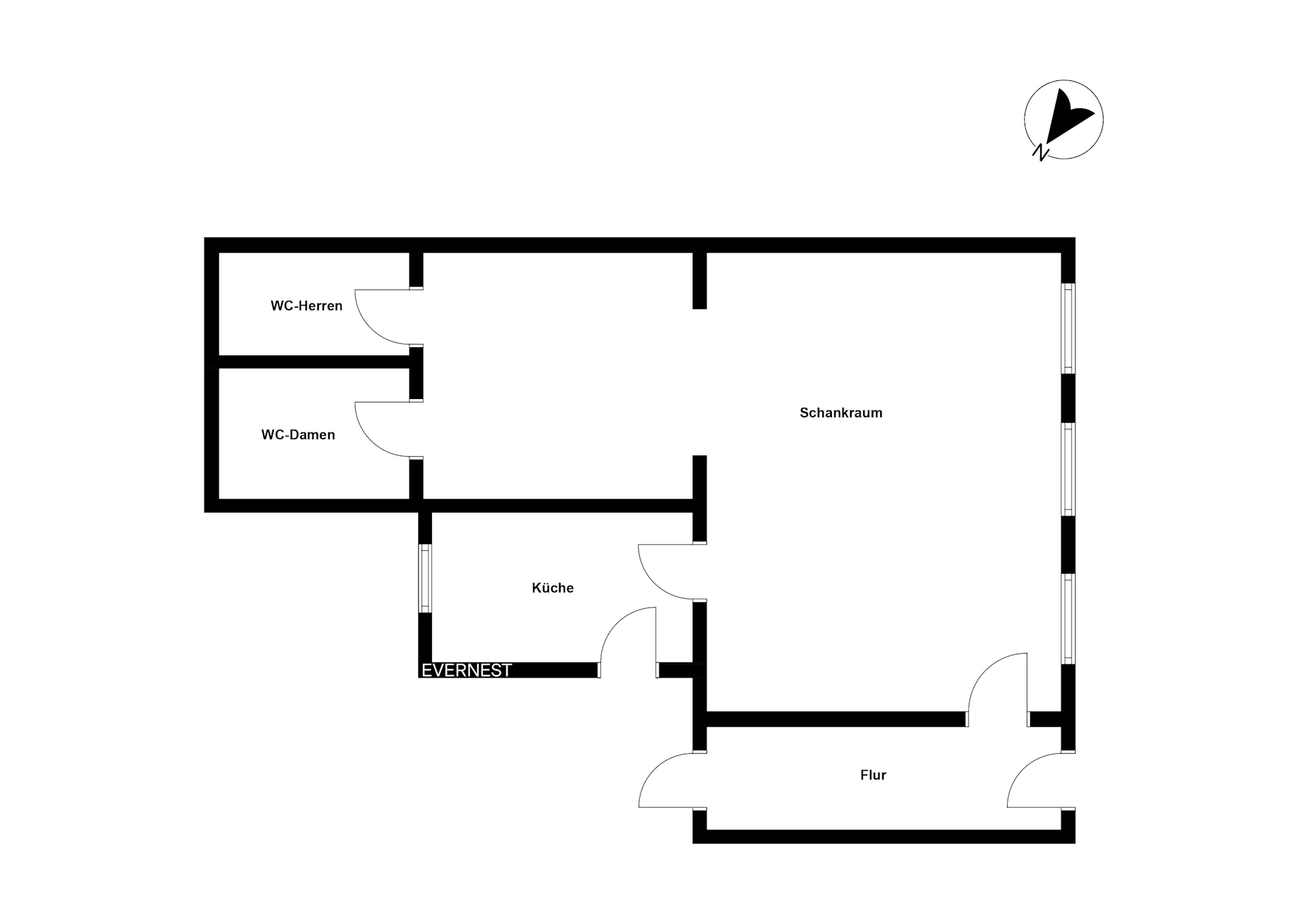 Grundriss mit Flur, Schankraum, Küche sowie WC für Damen und Herren.