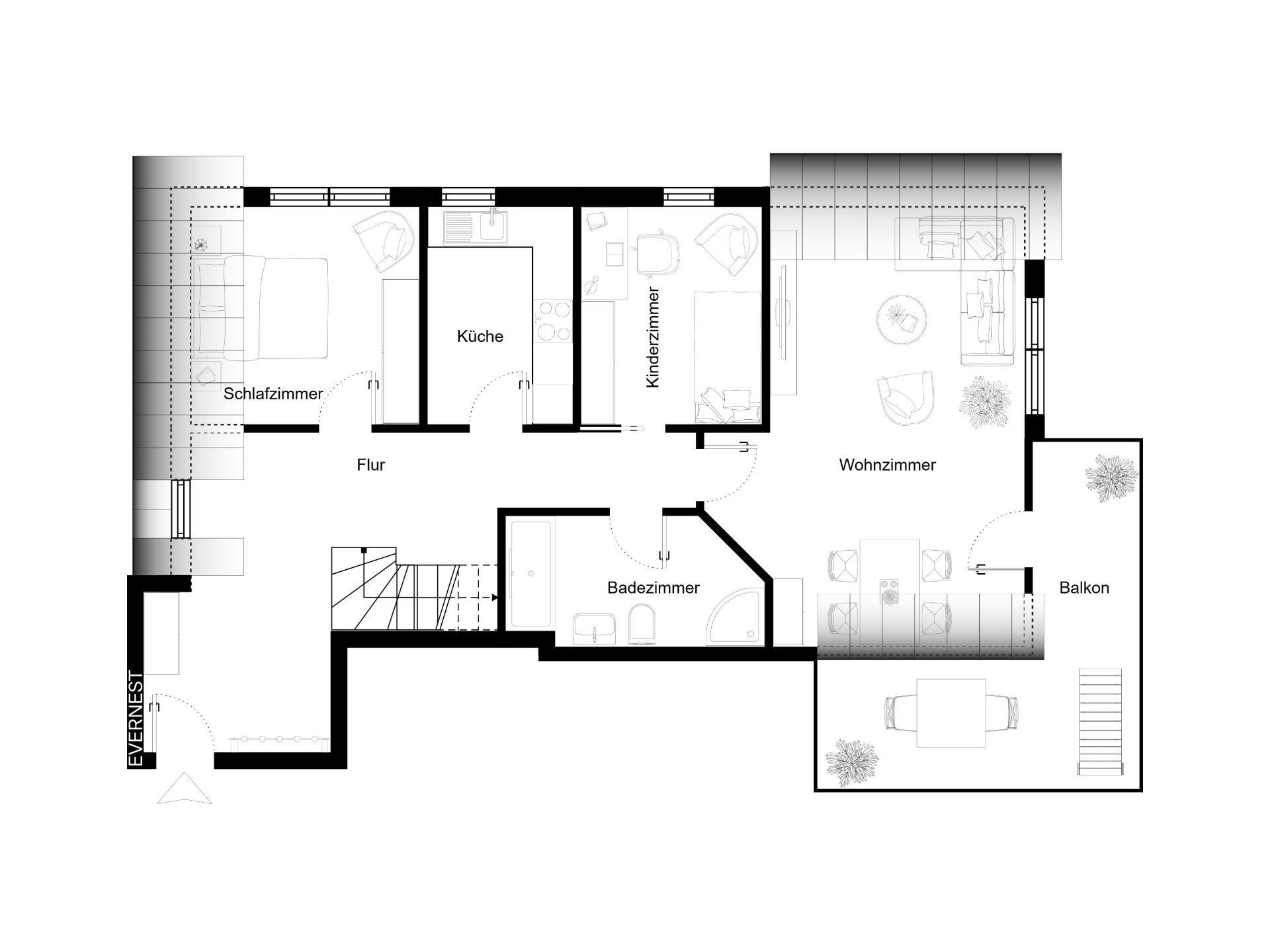 Grundriss einer Wohnung mit Schlafzimmer, Kinderzimmer, Küche, Wohnzimmer, Bad, Flur und Balkon.