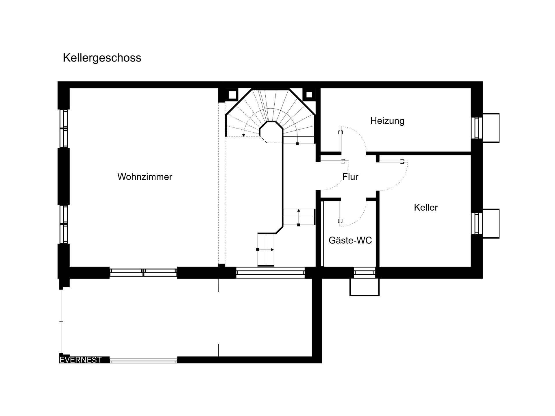 Grundriss vom Kellergeschoss mit Wohnzimmer, Heizung, Keller, Flur und Gäste-WC.