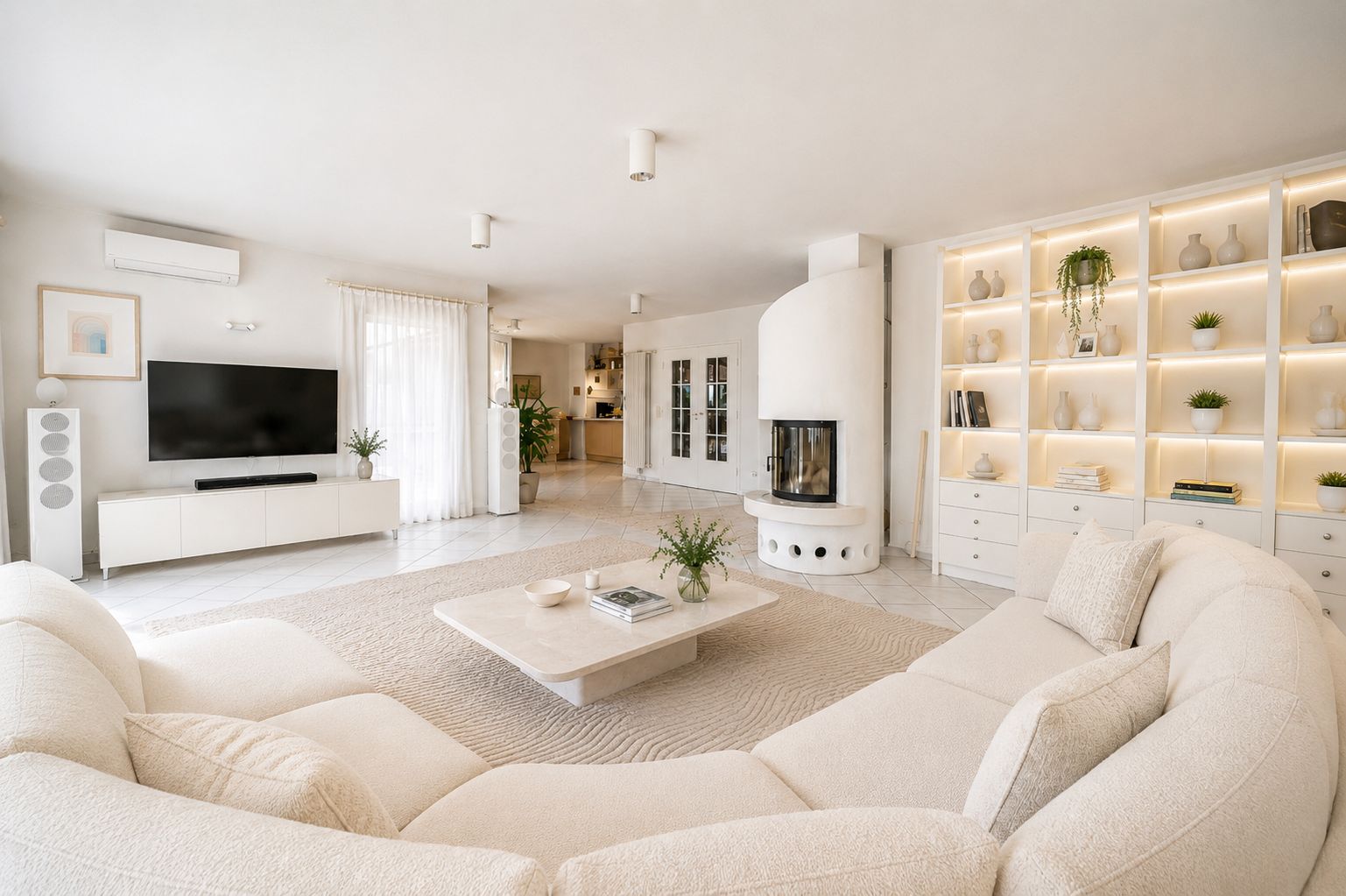 Helles Wohnzimmer mit weißem Sofa, Couchtisch, Kamin und beleuchtetem Regal mit Dekorationen.