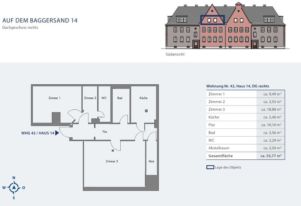 Grundriss einer Wohnung mit drei Zimmern, Küche, Bad, WC, Flur und Abstellraum.