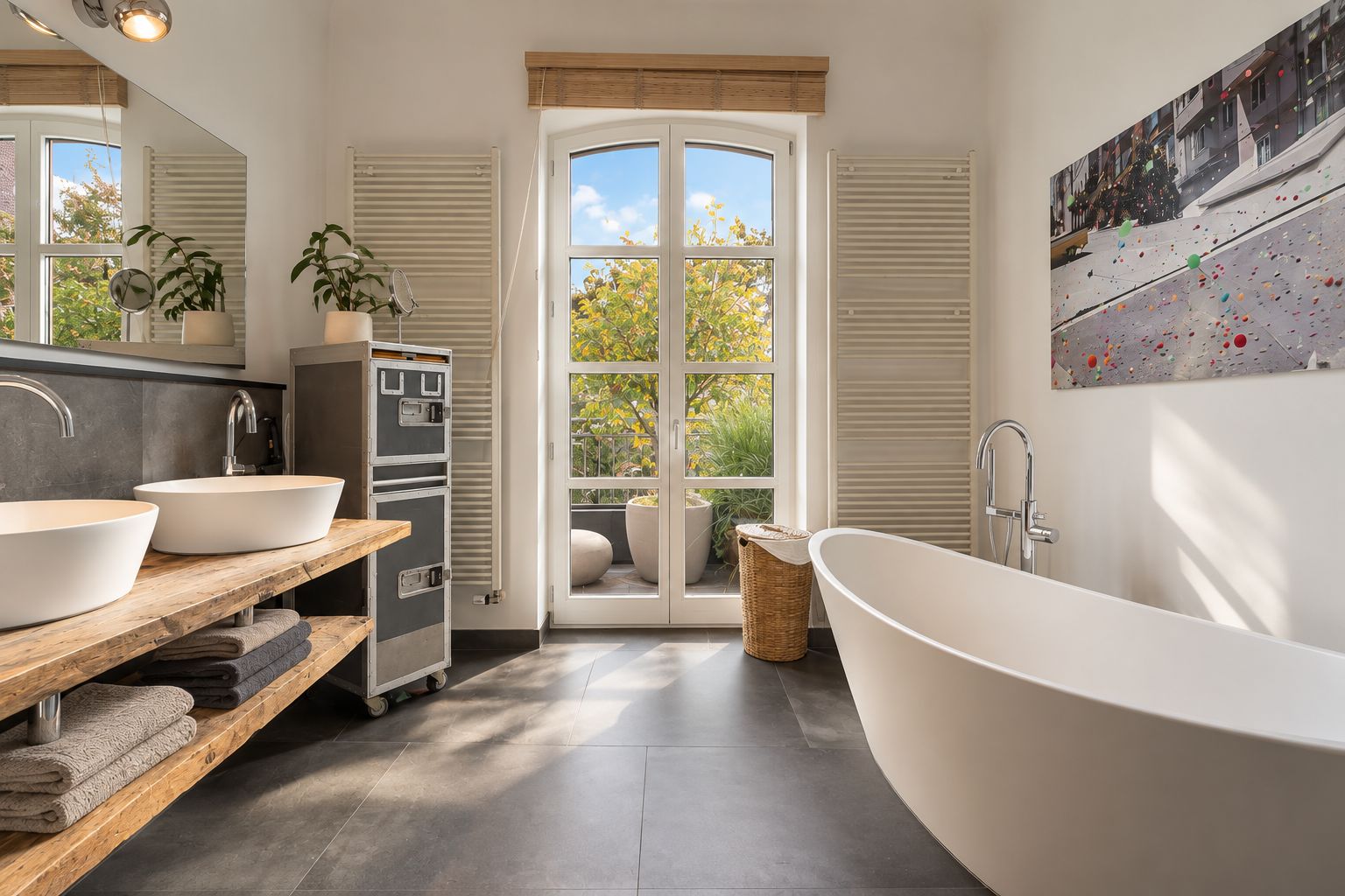Modernes Badezimmer mit freistehender Badewanne, Doppelwaschbecken und großem Fenster.