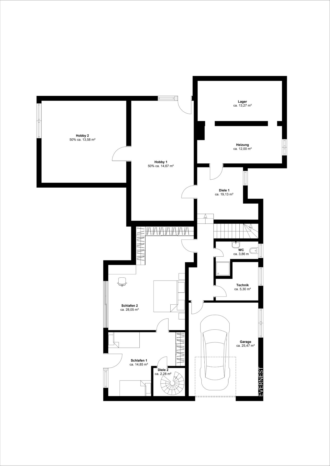 Grundriss eines Wohnhauses mit Garage, zwei Schlafzimmern, Hobbyräumen und Technikbereichen.