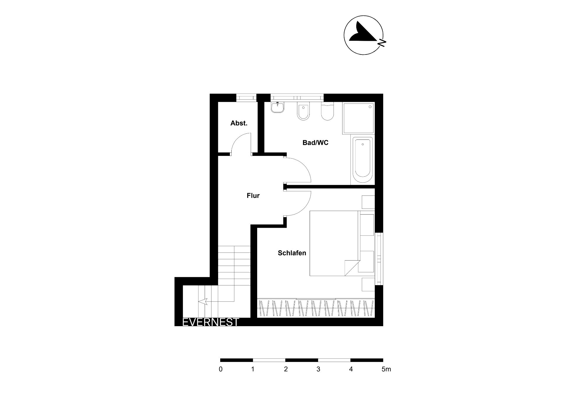 Grundriss mit Schlafzimmer, Bad/WC, Abstellraum und Flur.