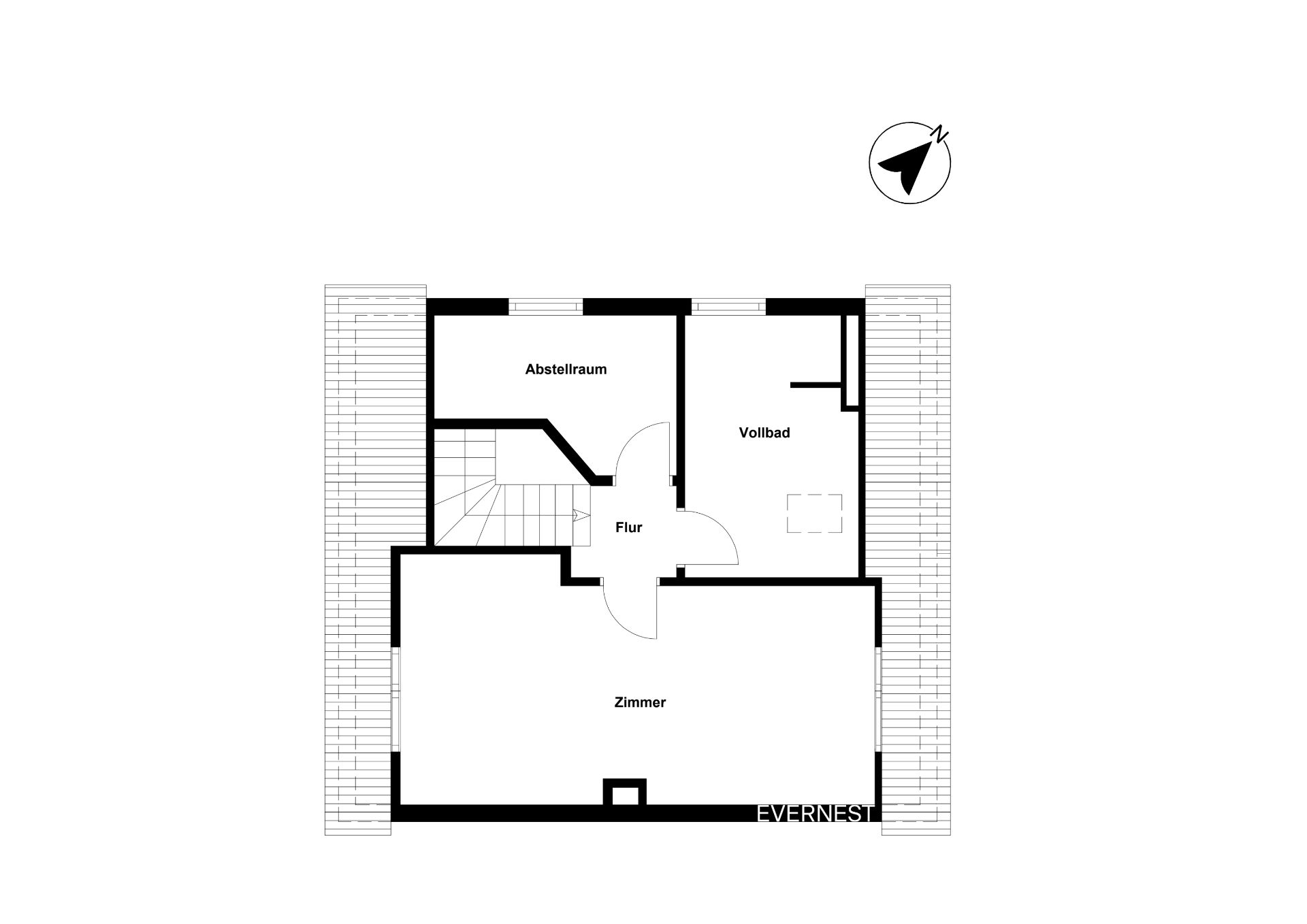 Grundriss mit Abstellraum, Flur, Vollbad und Zimmer.