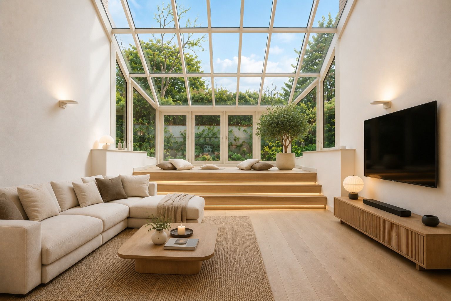 Helles Wohnzimmer mit Glasdecke, Sofa, Fernseher, Holztisch und Pflanzen, Blick auf Garten.