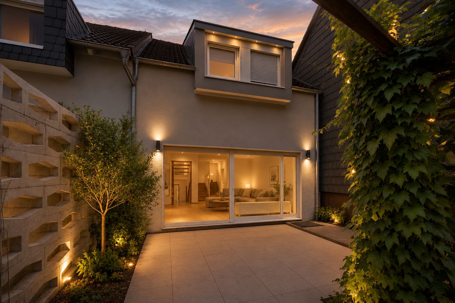 Beleuchteter Innenhof mit Terrasse, Pflanze links, großer Glasfront und Blick ins Wohnzimmer.