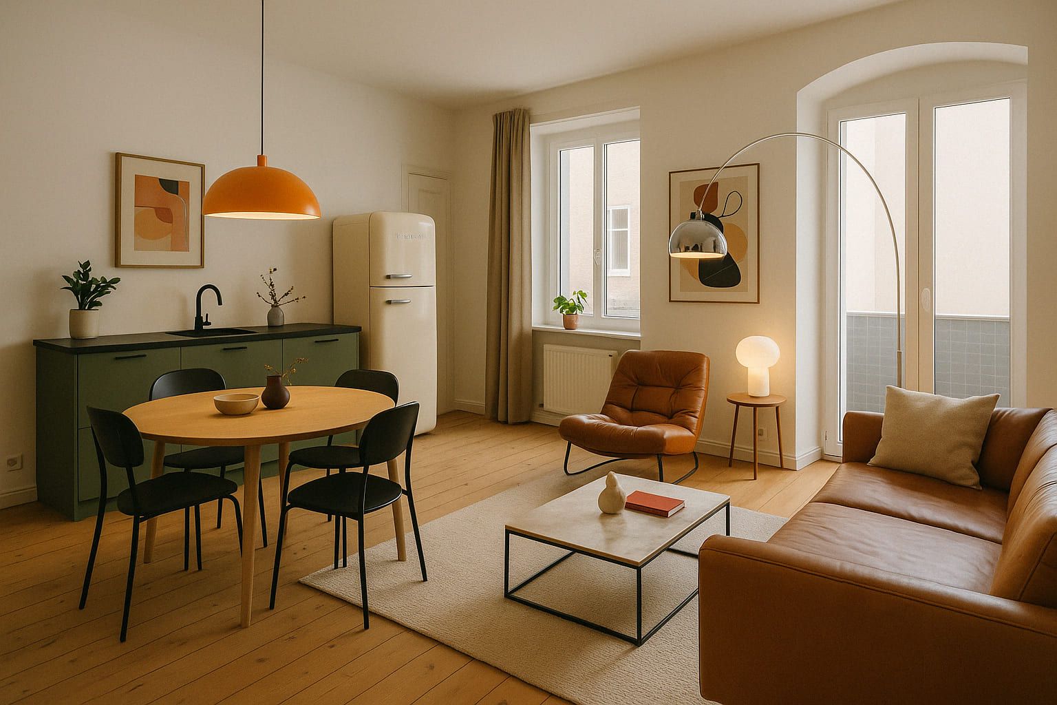 Modernes Wohnzimmer mit Ledersofa, Sessel, Esstisch, Küche und großen Fenstern.