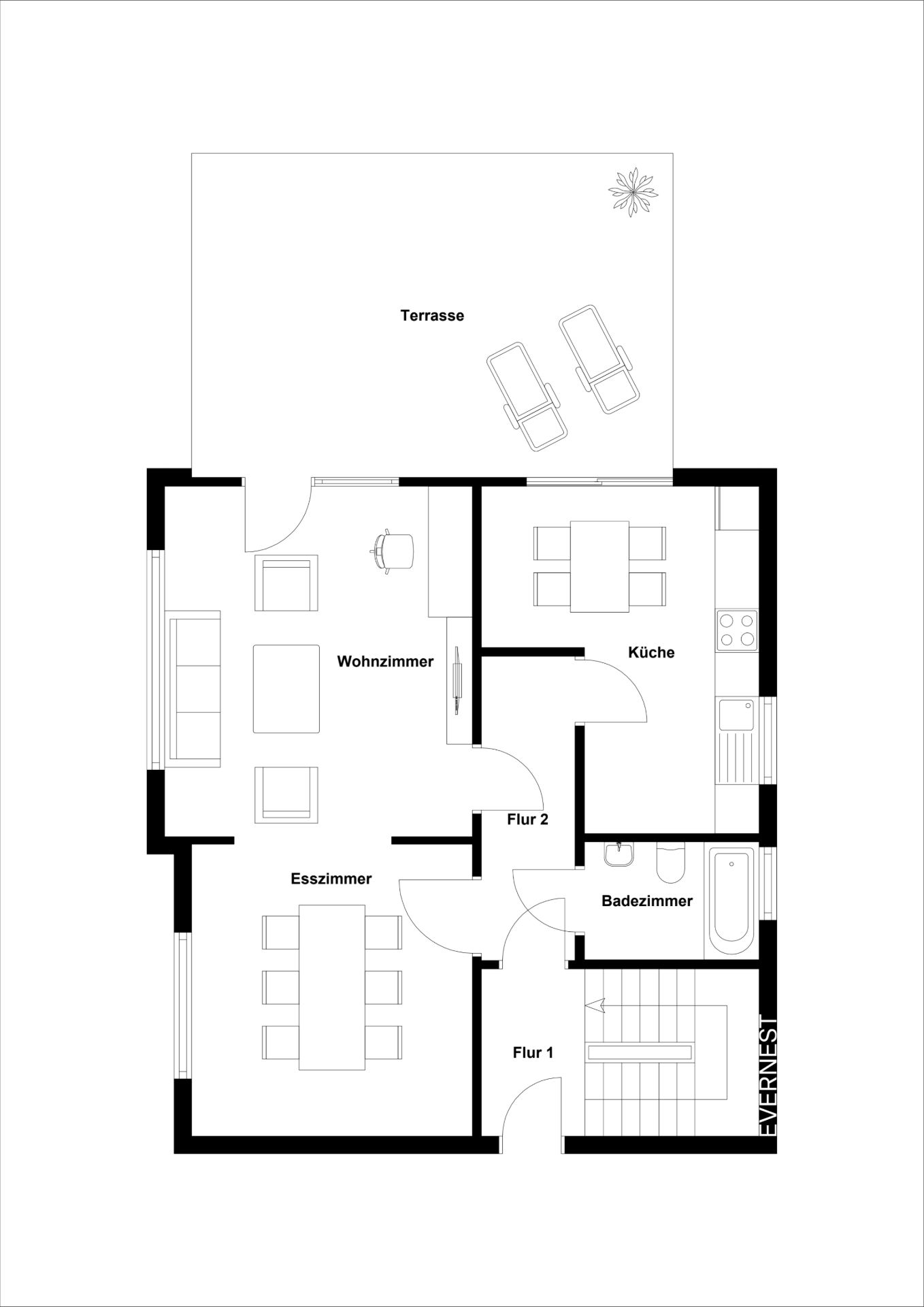 Grundriss einer Wohnung mit Terrasse, Wohnzimmer, Esszimmer, Küche, Bad und Flur.
