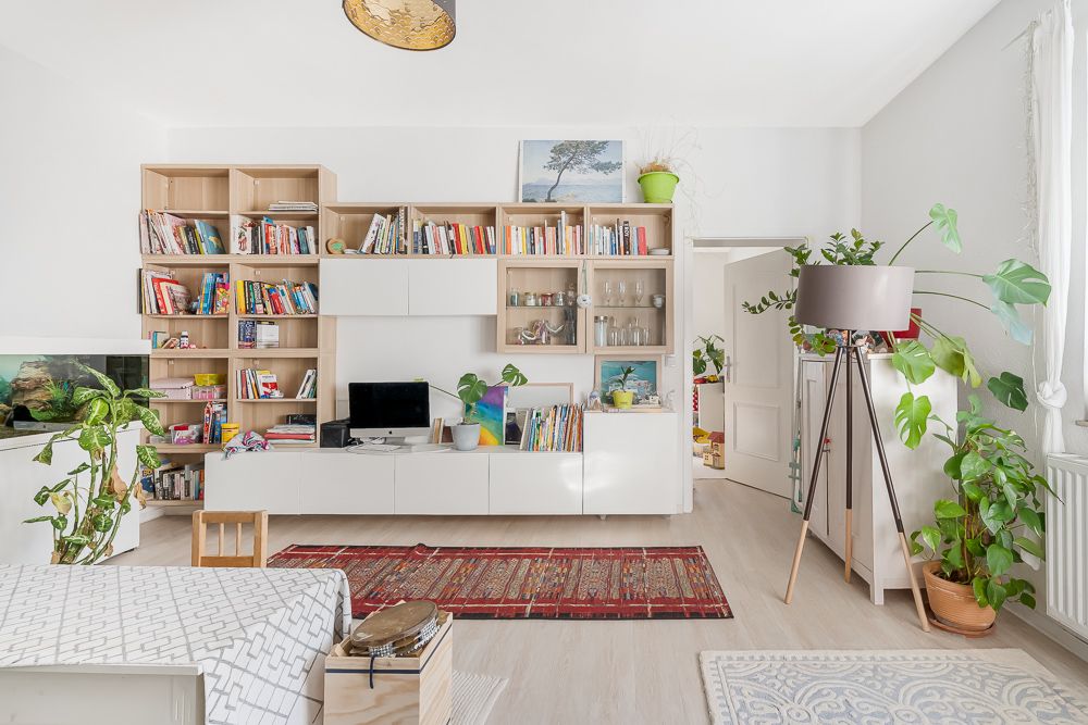 Helles Wohnzimmer mit Bücherregal, Pflanzen, Teppichen und Fernseher.