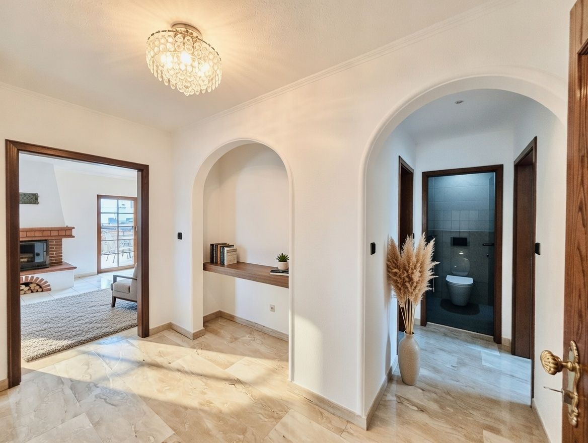 Heller Flur mit Marmorboden, Bogenöffnungen, Blick ins Wohnzimmer und auf ein Badezimmer.