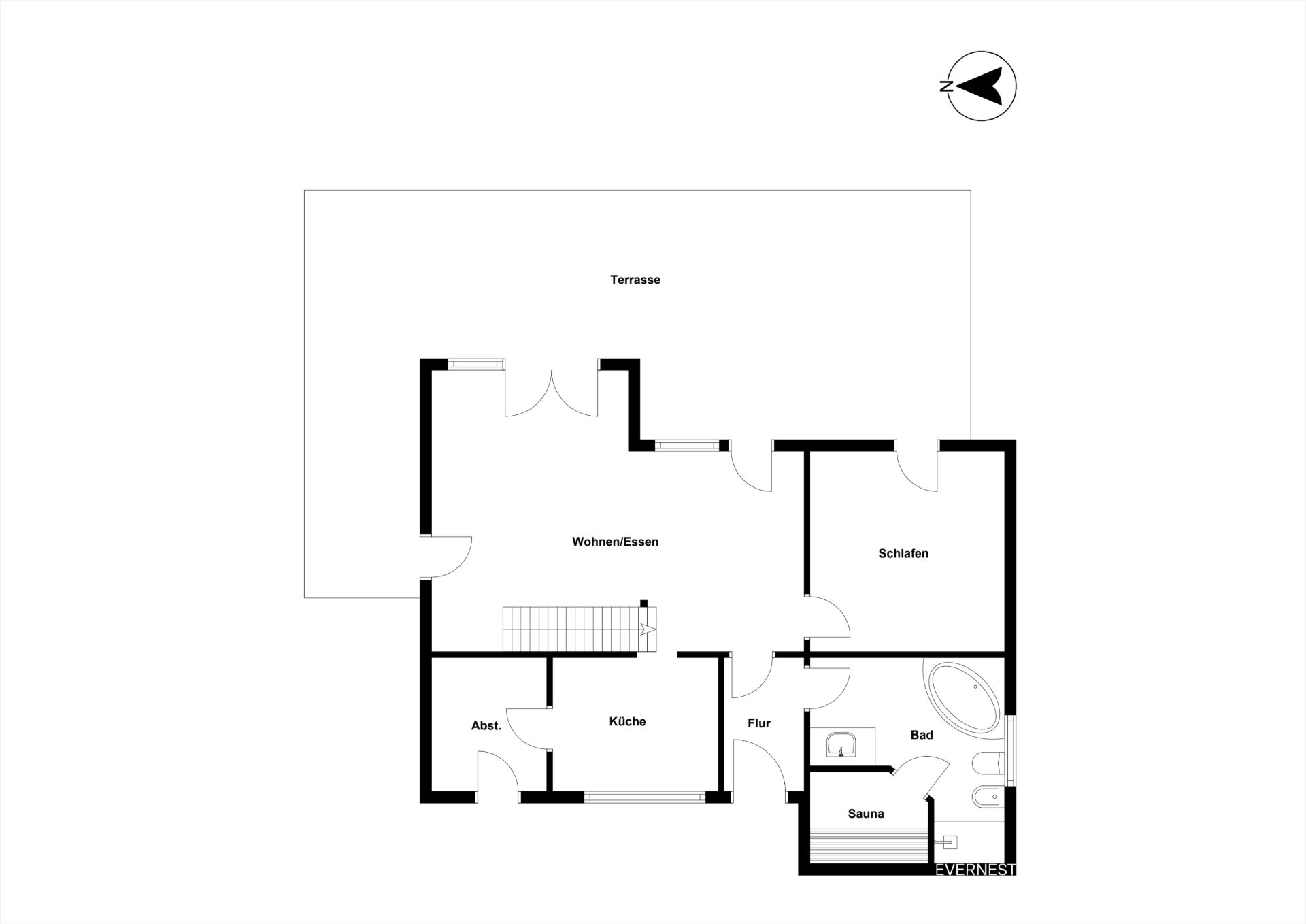 Grundriss einer Wohnung mit Terrasse, Wohnzimmer, Schlafzimmer, Küche, Abstellraum, Bad und Sauna.