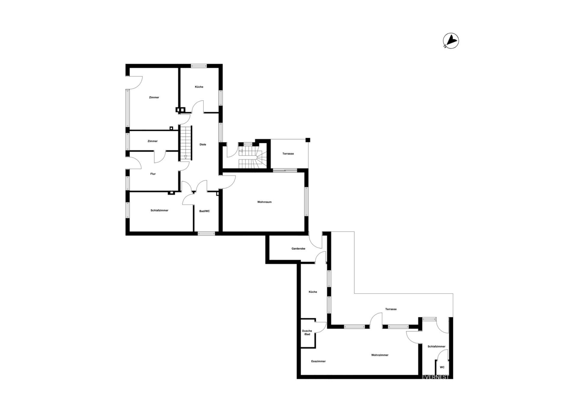 Grundriss eines Wohnhauses mit mehreren Zimmern, Küche, Bad und Flur.