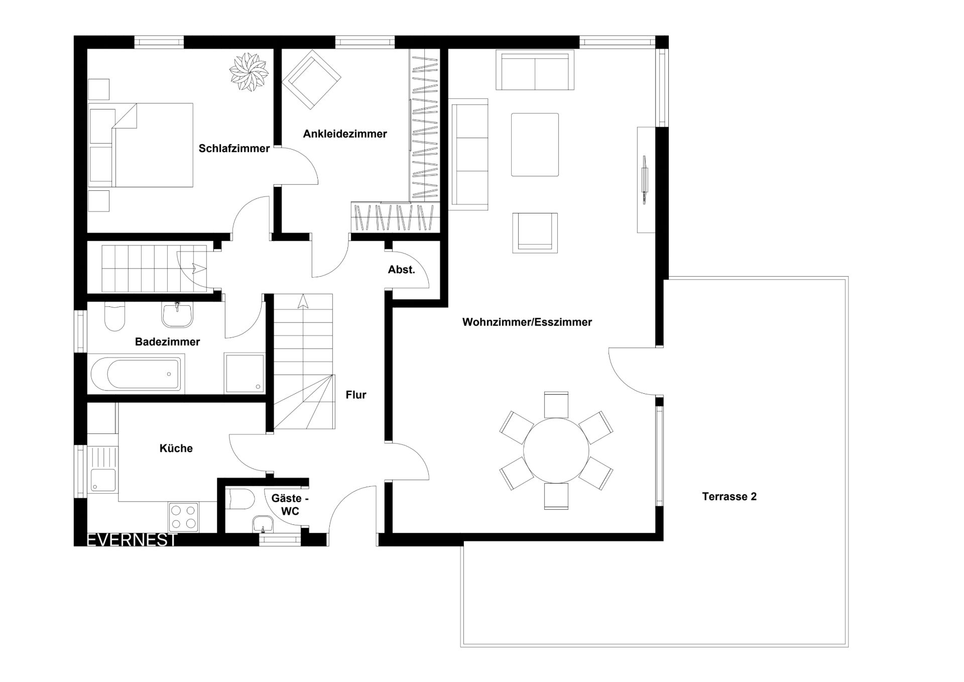 Grundriss einer Wohnung mit Schlafzimmer, Bad, Küche, Wohn-/Esszimmer und großer Terrasse.