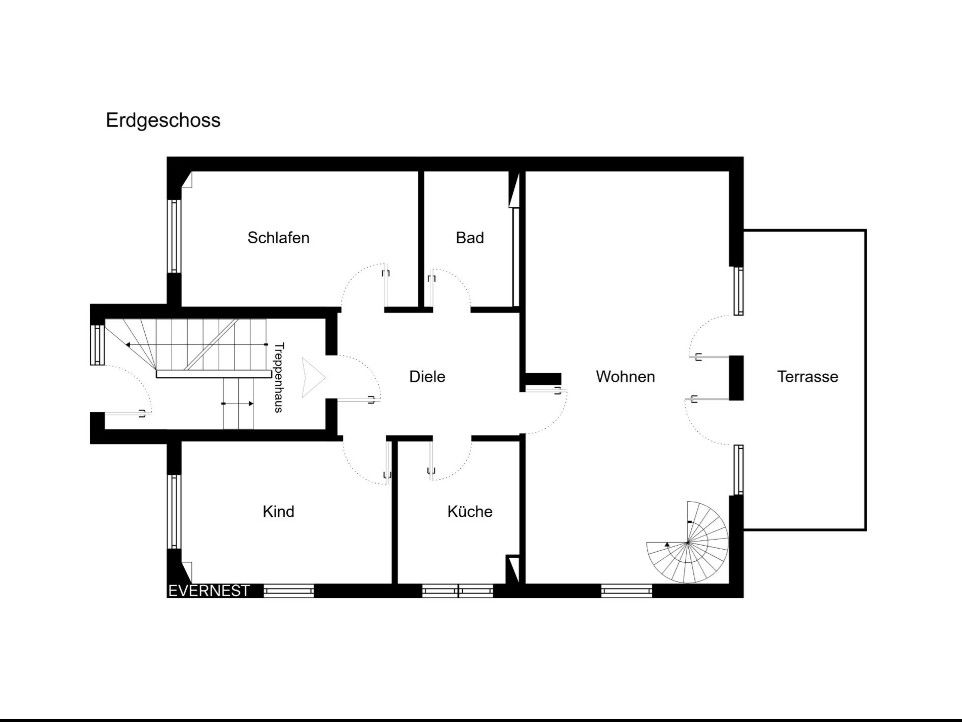 Grundriss des Erdgeschosses mit Schlaf-, Kinder-, Wohn-, Badezimmer, Küche, Diele und Terrasse.