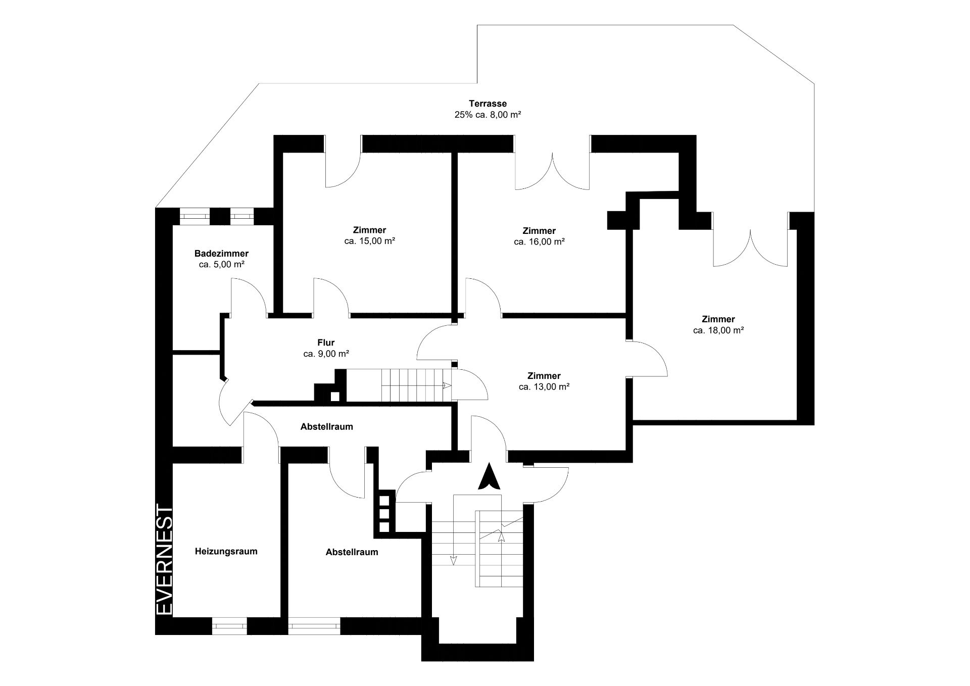 Grundriss mit vier Zimmern, Badezimmer, Flur, zwei Abstellräumen, Heizungsraum und Terrasse.