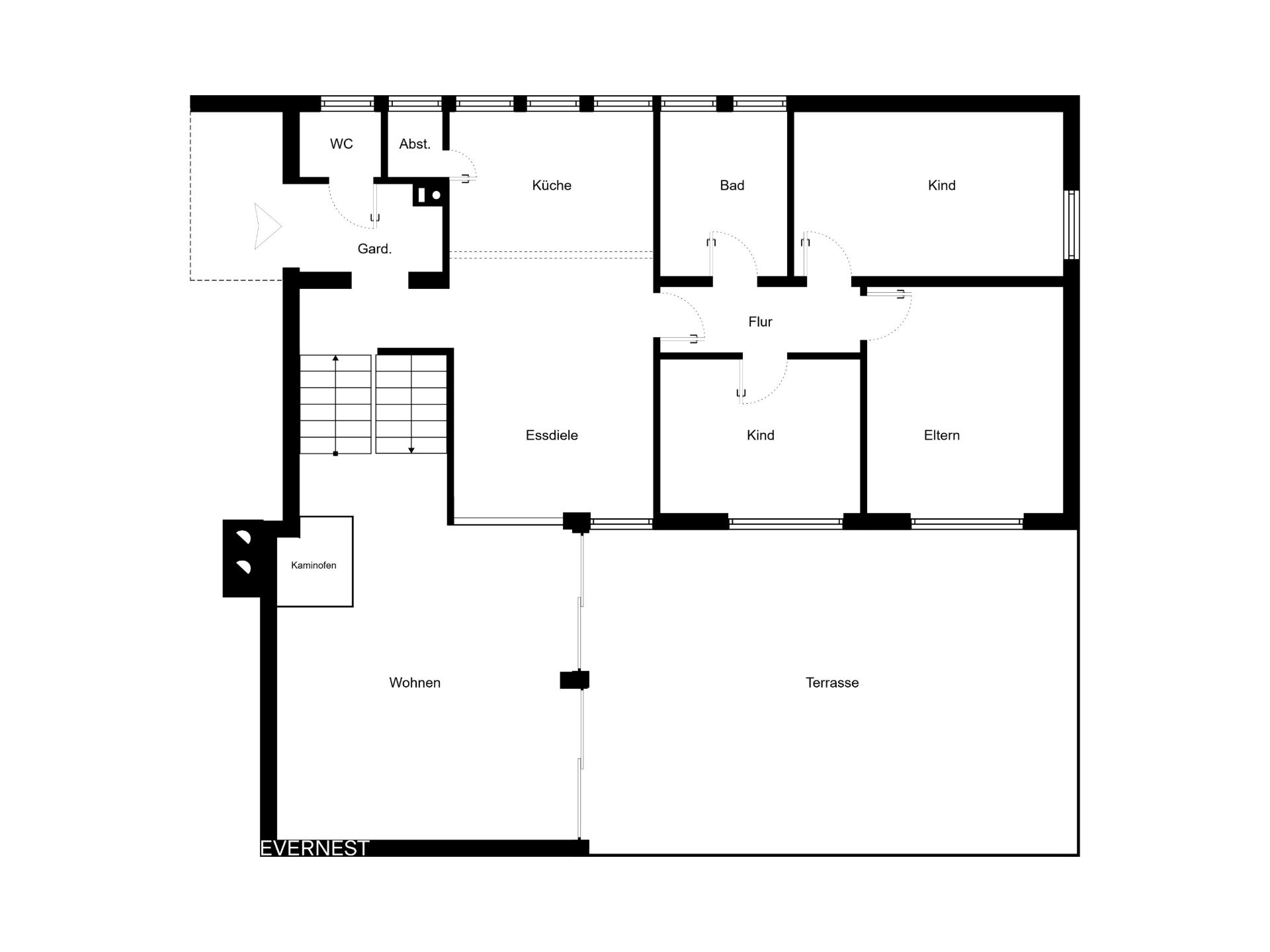 Grundriss einer Wohnung mit Wohnzimmer, Küche, Bad, drei Schlafzimmern und Terrasse.