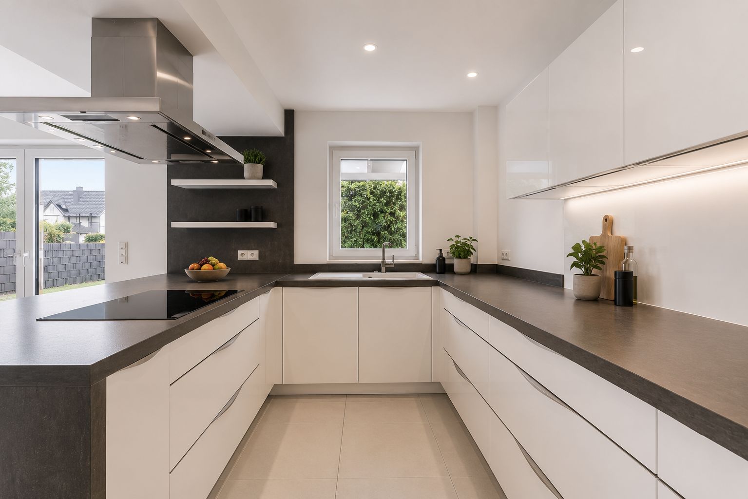 Moderne, helle Küche mit weißen Schränken, grauer Arbeitsplatte und Fenster zum Garten.