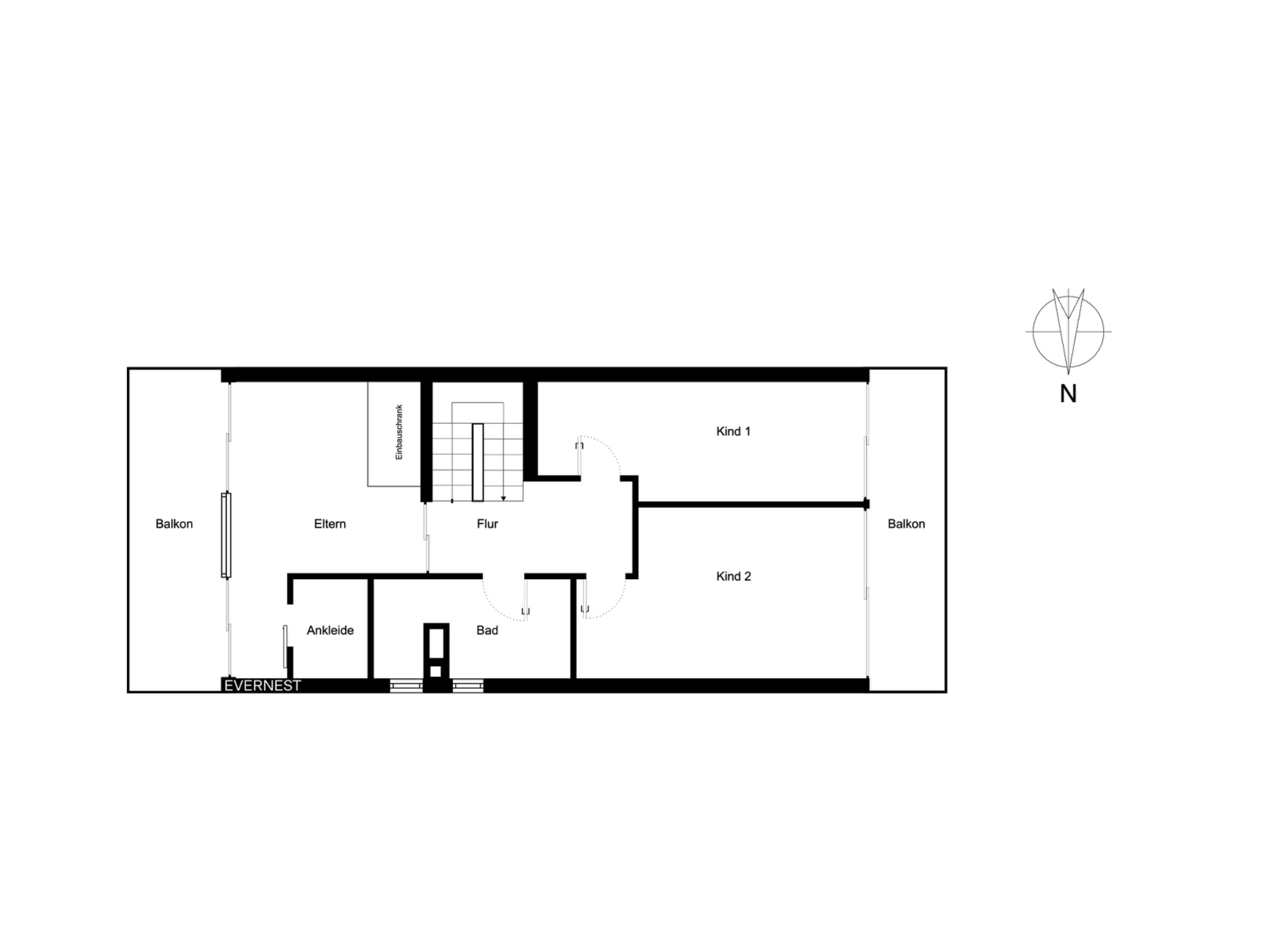 Grundriss mit Schlafzimmer, zwei Kinderzimmern, Flur, Bad, Ankleide und zwei Balkonen.