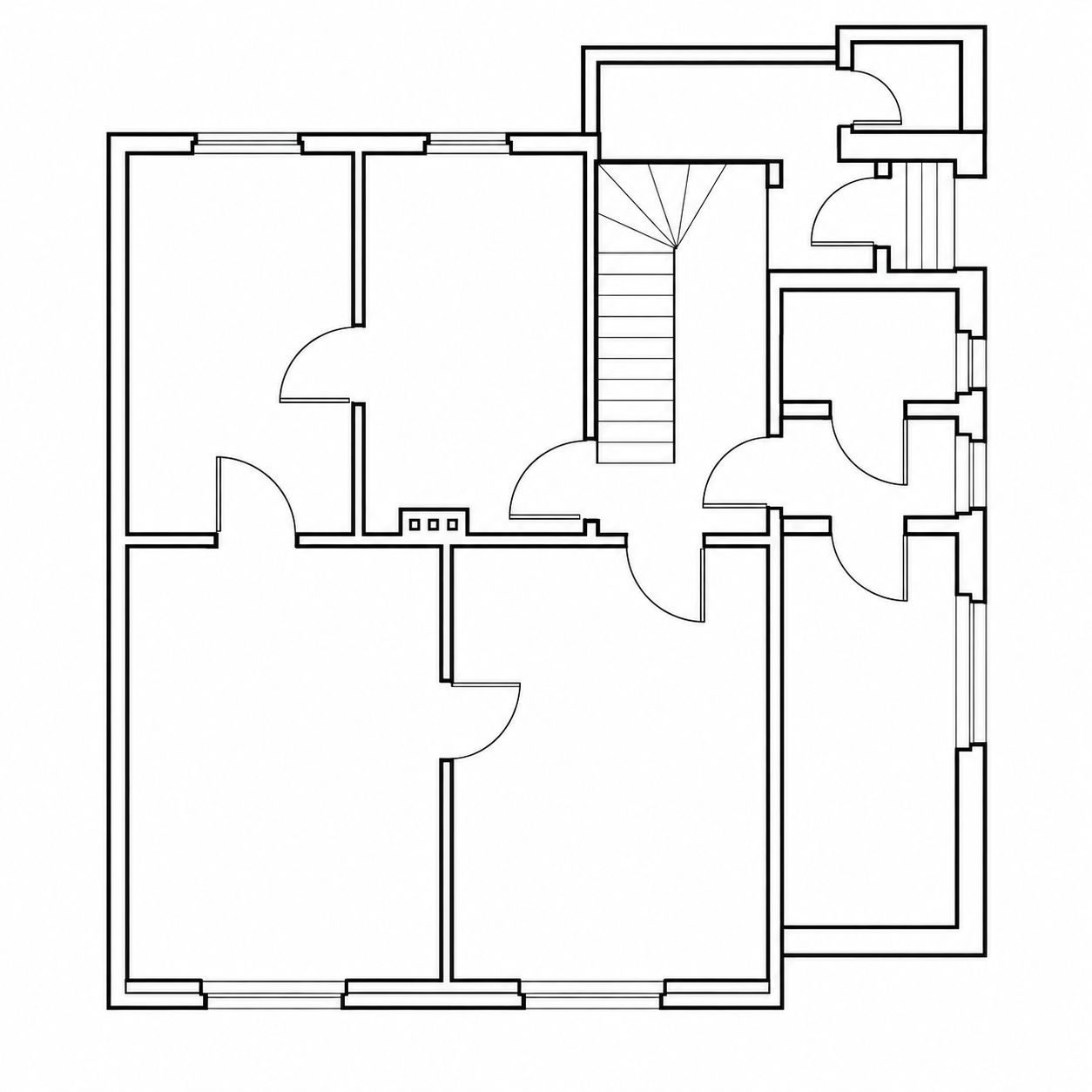 Ein Grundriss eines Wohnhauses mit mehreren Räumen und Fluren.
