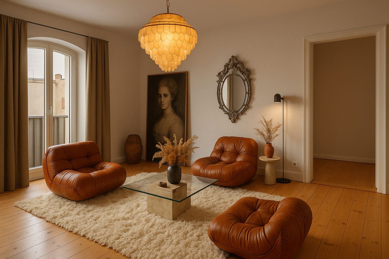Wohnzimmer mit braunen Sesseln, Glas-Couchtisch, Teppich und großem Fenster.