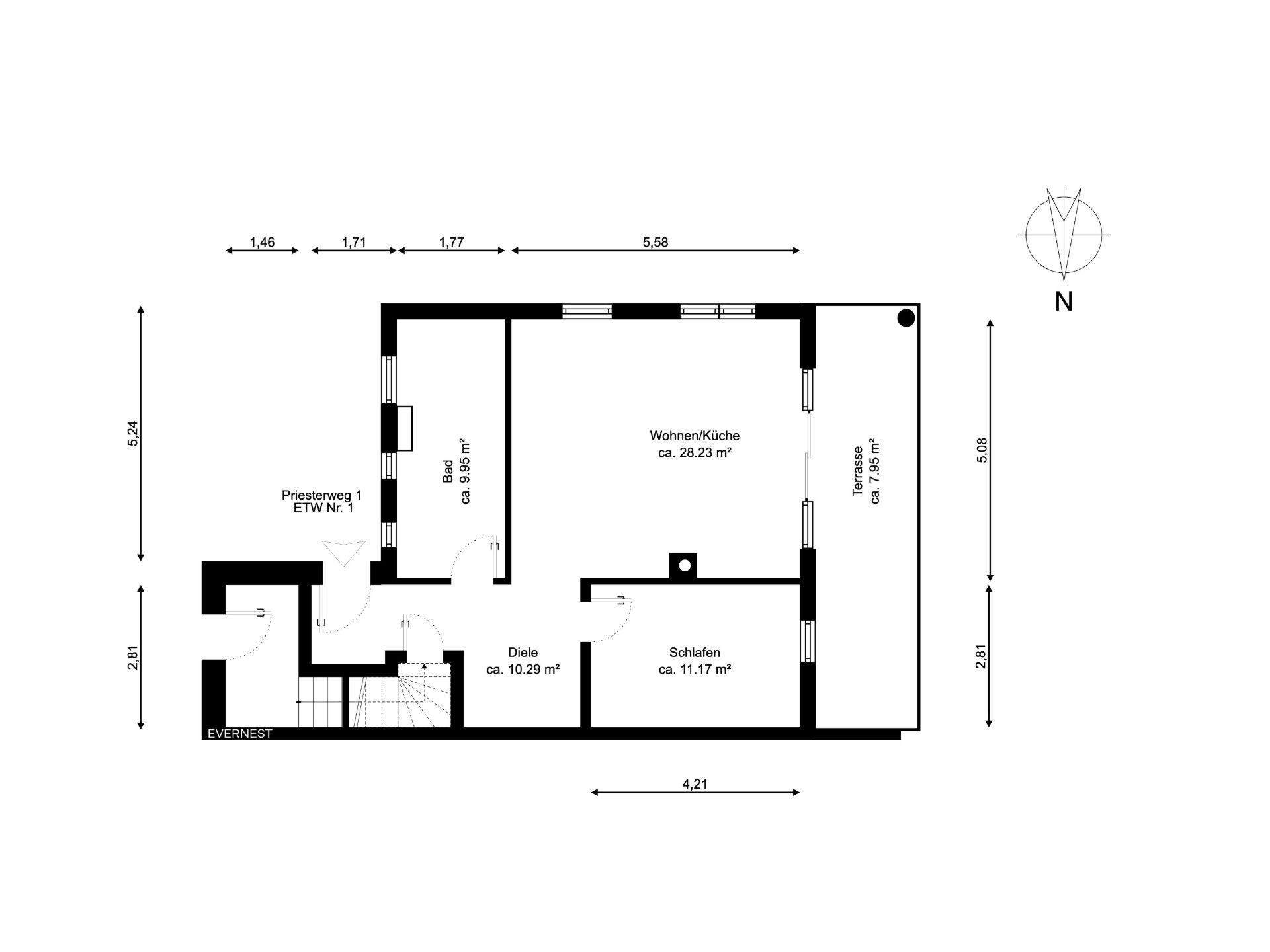 Grundriss einer Wohnung mit Wohnzimmer, Küche, Schlafzimmer, Bad und Terrasse.