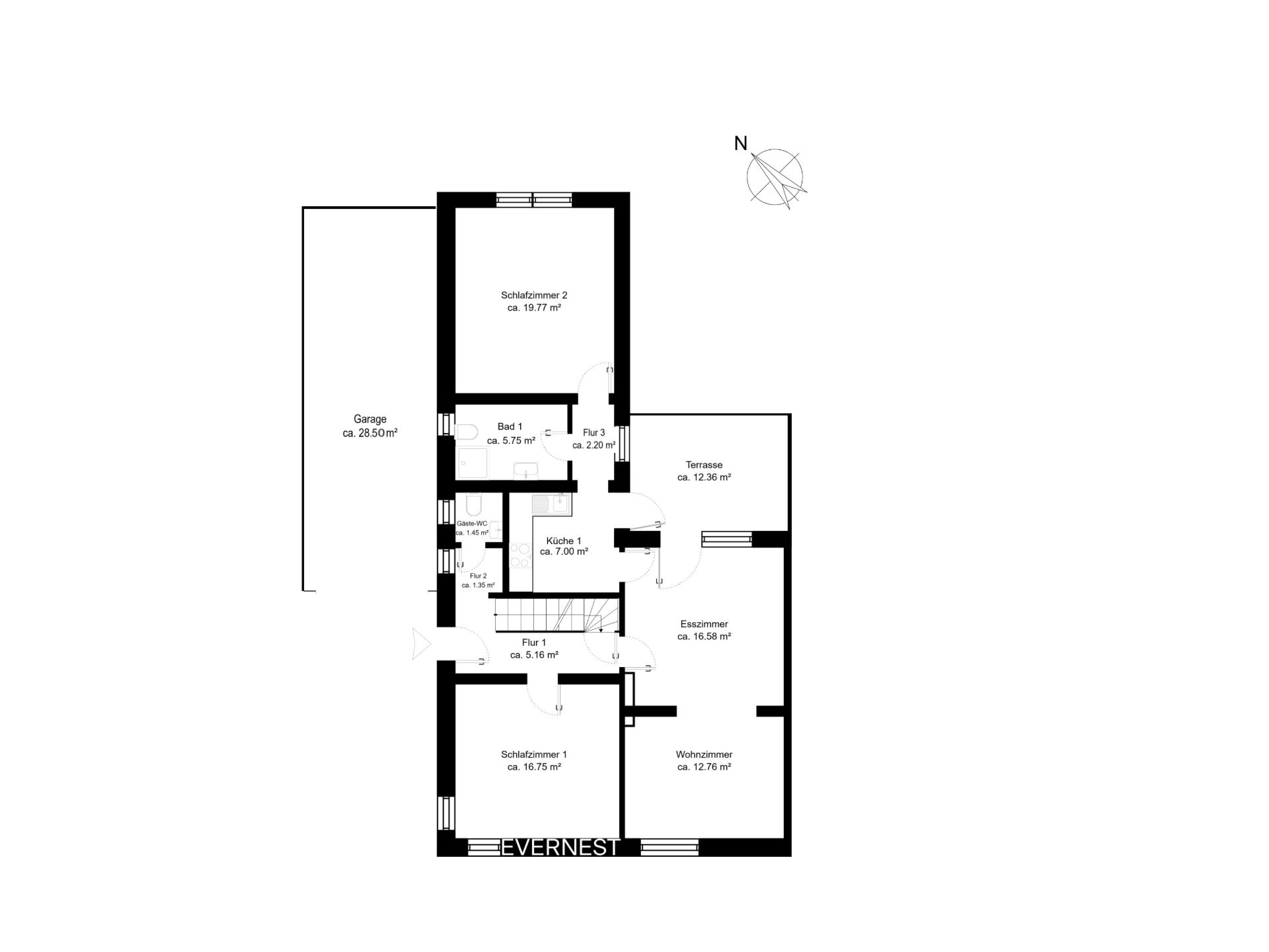 Grundriss einer Wohnung mit Garage, zwei Schlafzimmern, Küche, Bad, Esszimmer, Wohnzimmer und Terrasse.