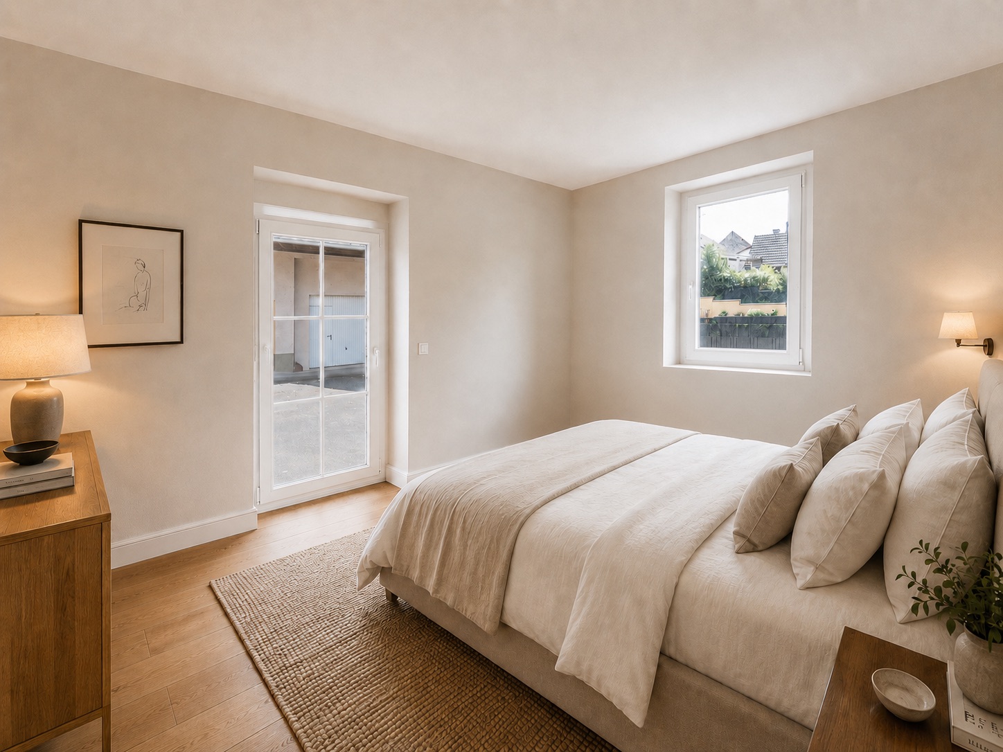 Helles Schlafzimmer mit Doppelbett, Holzboden, Nachttisch und Fenster mit Blick nach draußen.