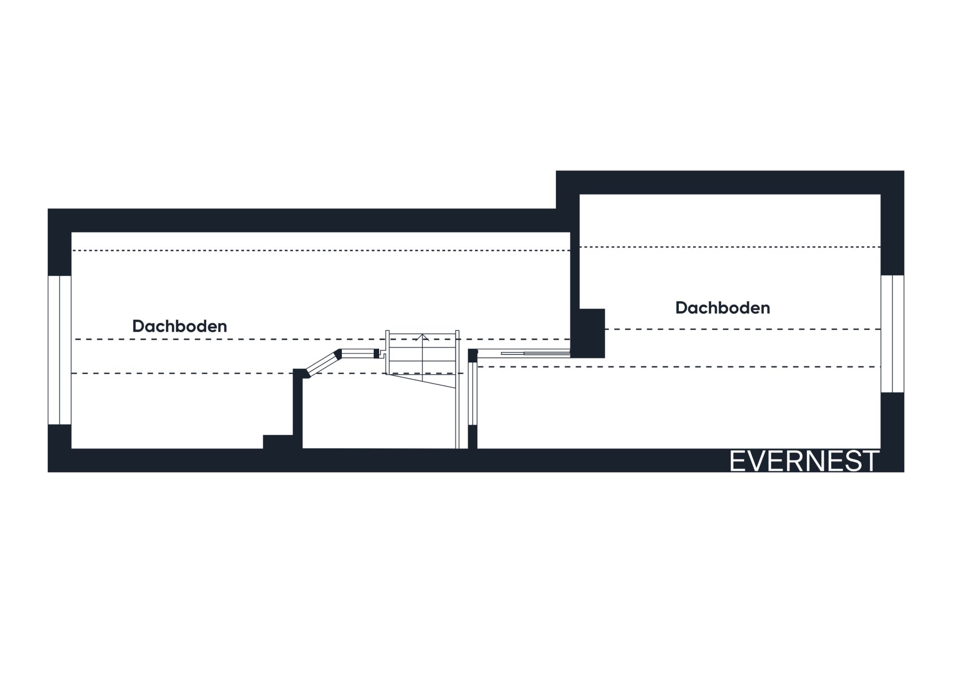 Grundriss eines Dachbodens mit zwei Bereichen und einer Treppe in der Mitte.