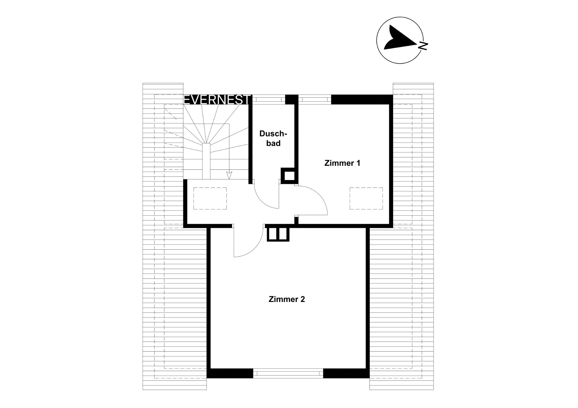 Grundriss mit zwei Zimmern, einem Duschbad und einer Treppe.