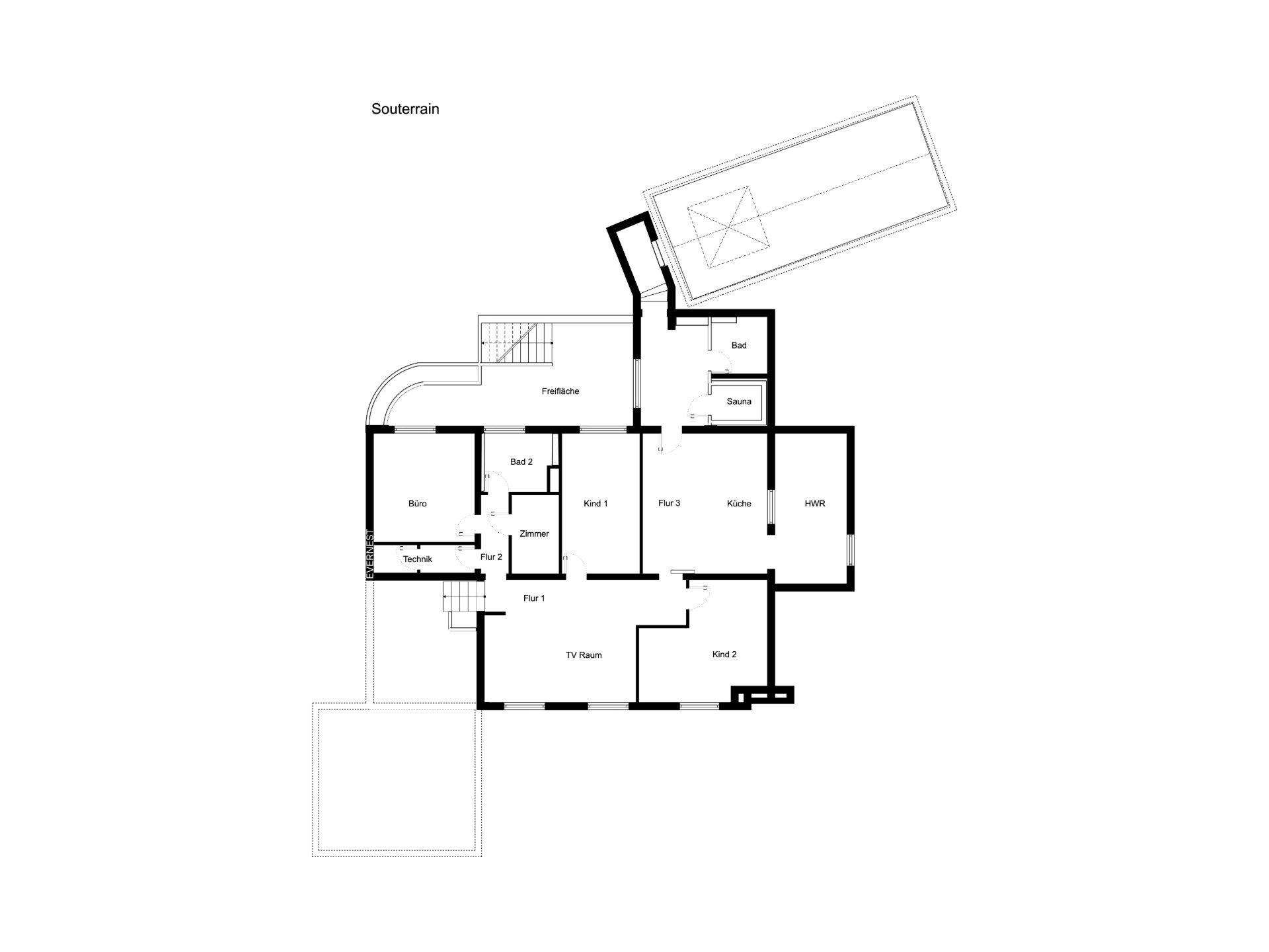Grundriss eines Wohnhauses mit mehreren Zimmern, Bädern, Küche, Sauna und TV-Raum.