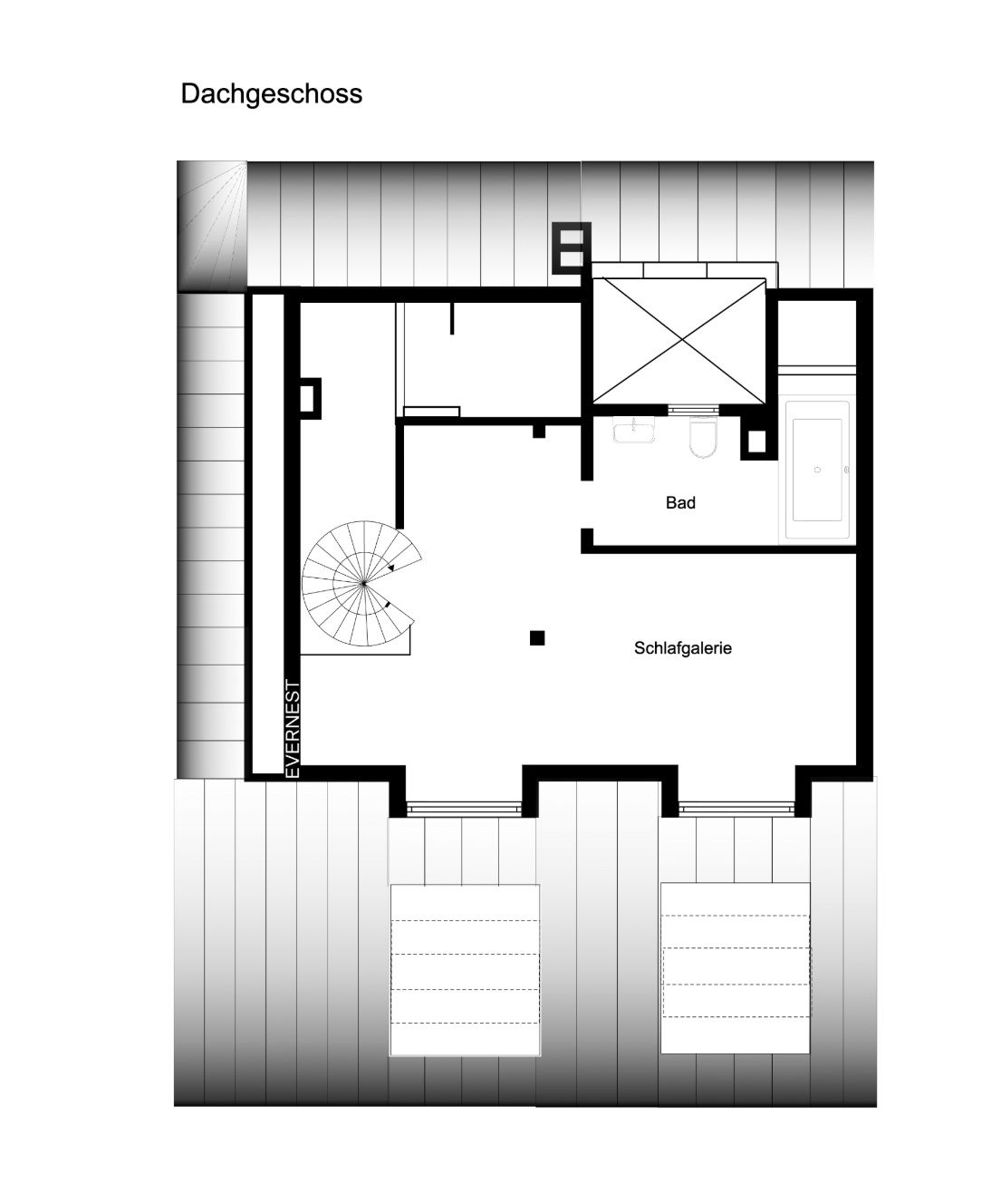Grundriss eines Dachgeschosses mit Bad, Schlafgalerie und Wendeltreppe.