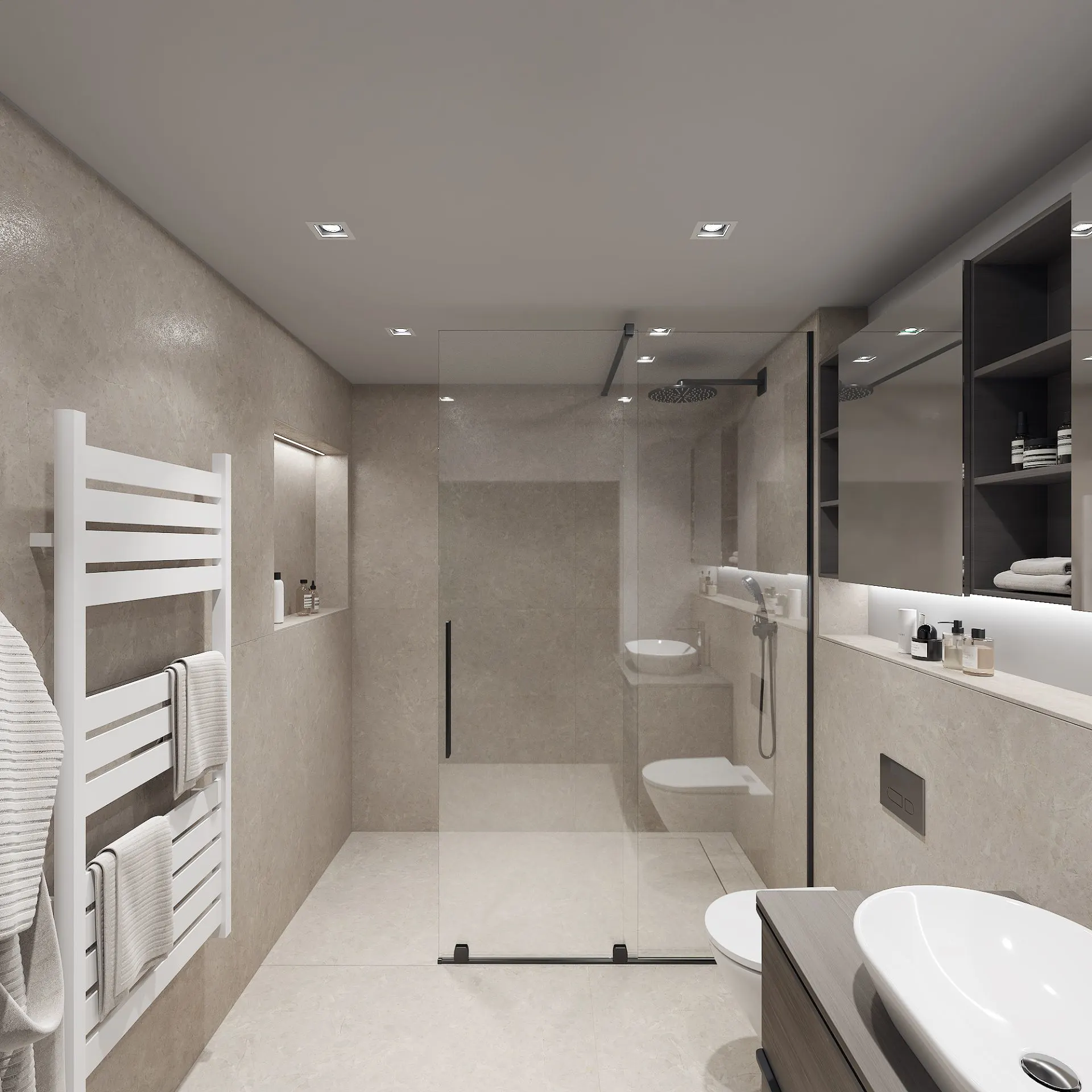 Modernes Badezimmer mit Glasdusche, Wandwaschbecken und Handtuchheizkörper.