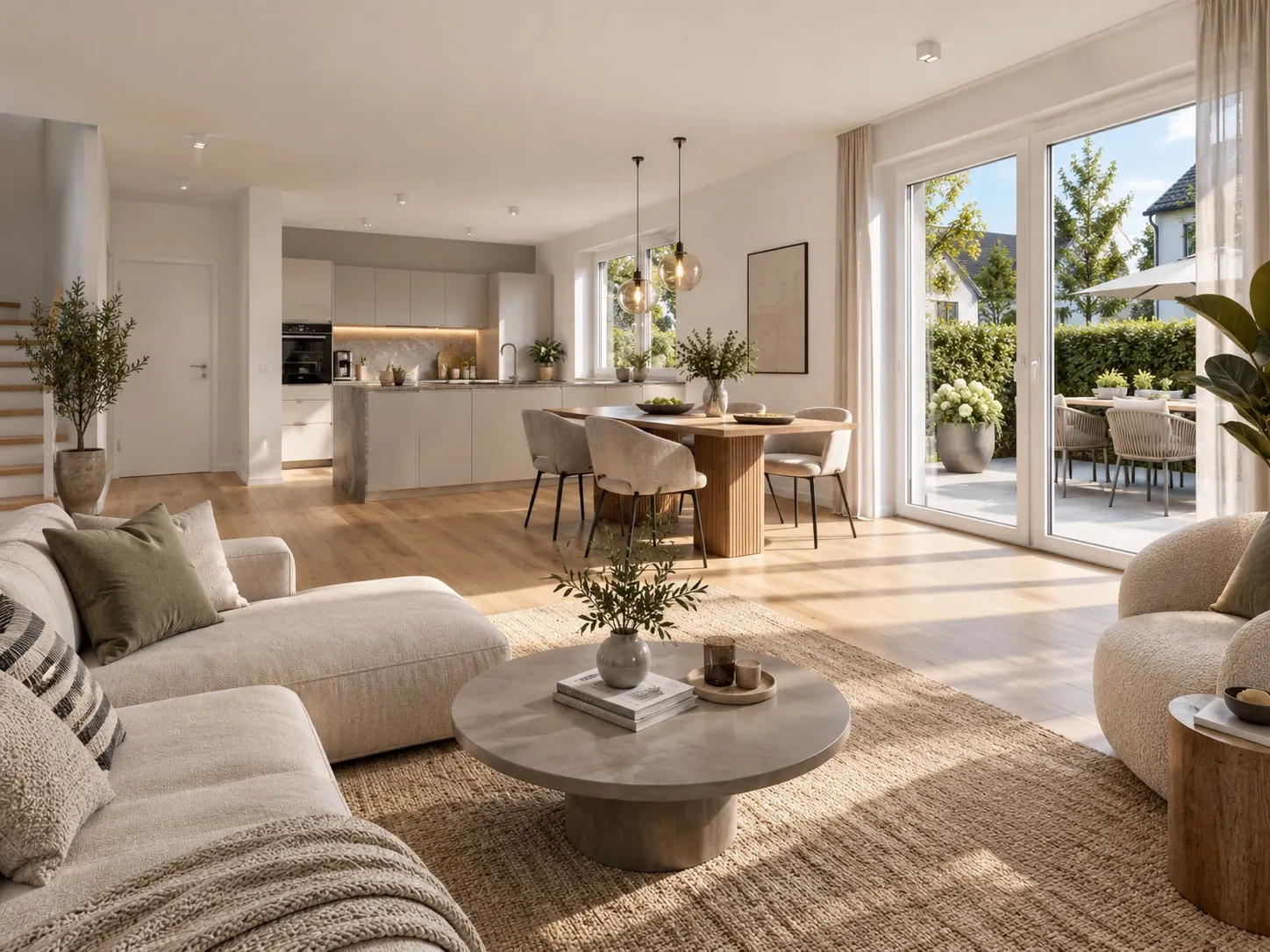 Helles Wohnzimmer mit Sofa, Esstisch, offener Küche und Zugang zur Terrasse.