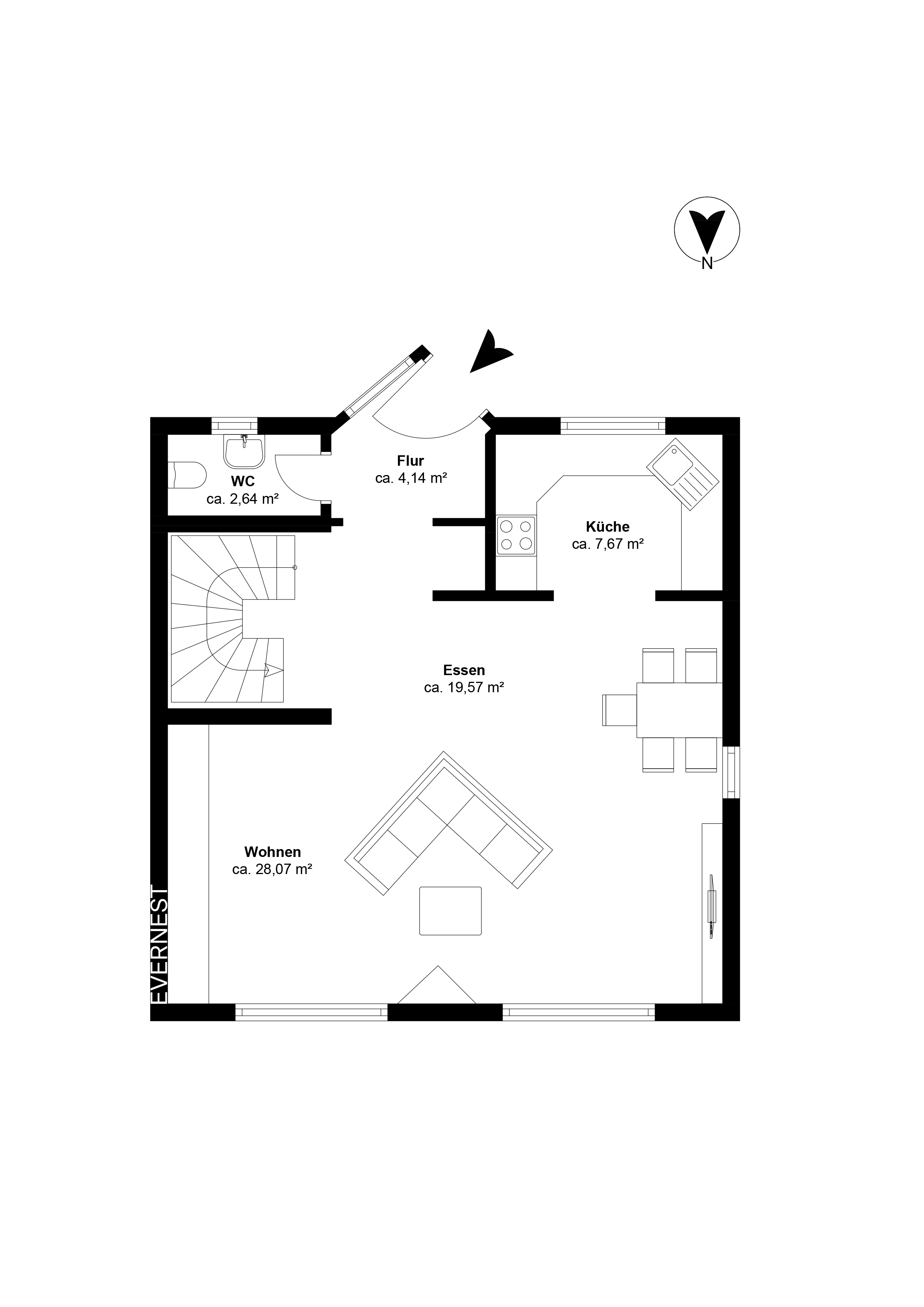 Grundriss des Erdgeschosses mit Küche, Essbereich, Wohnzimmer, WC und Flur.
