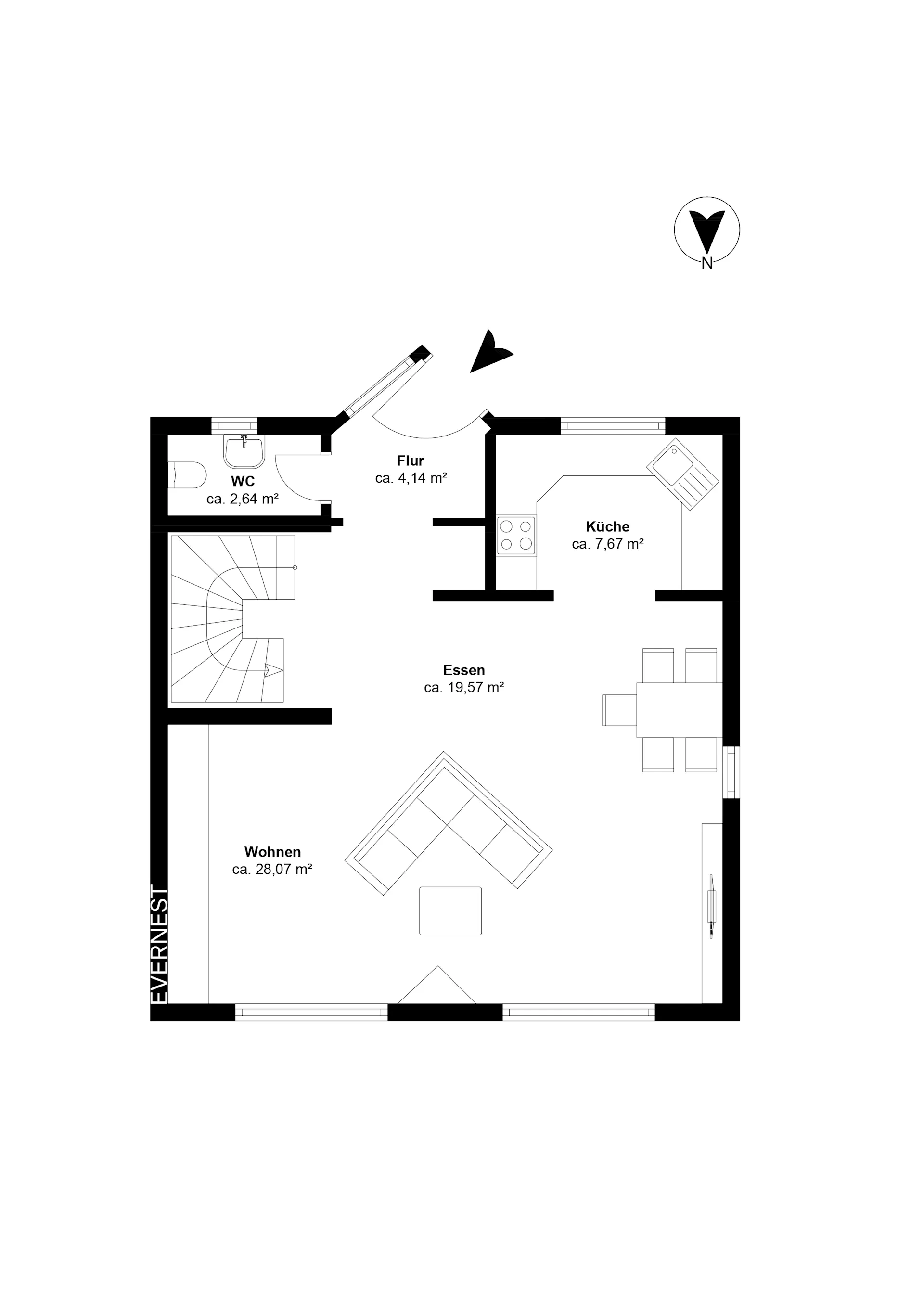 Grundriss des Erdgeschosses mit Küche, Essbereich, Wohnzimmer, WC und Flur.