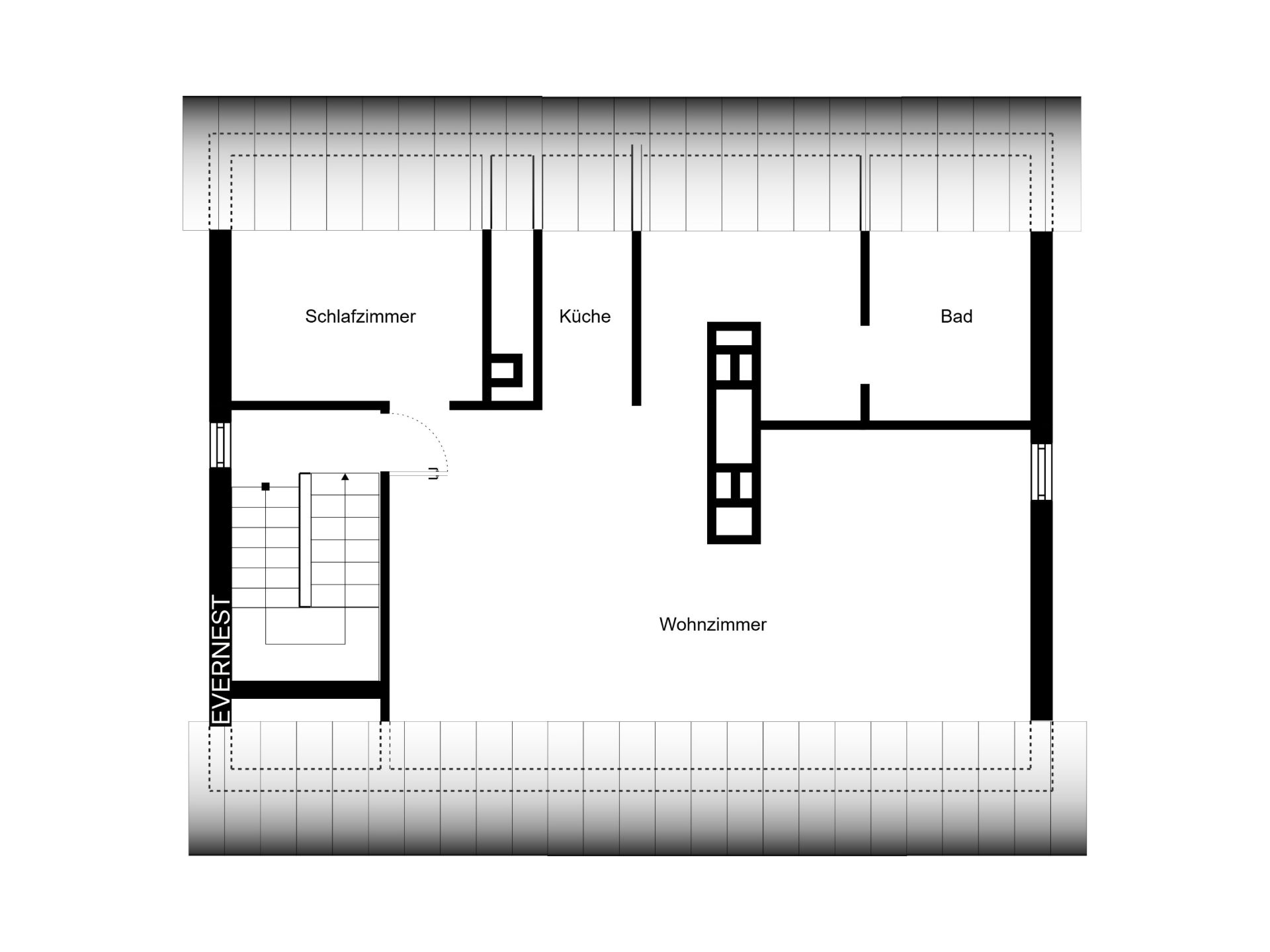 Grundriss mit Schlafzimmer, Küche, Bad, Wohnzimmer und Treppenhaus.