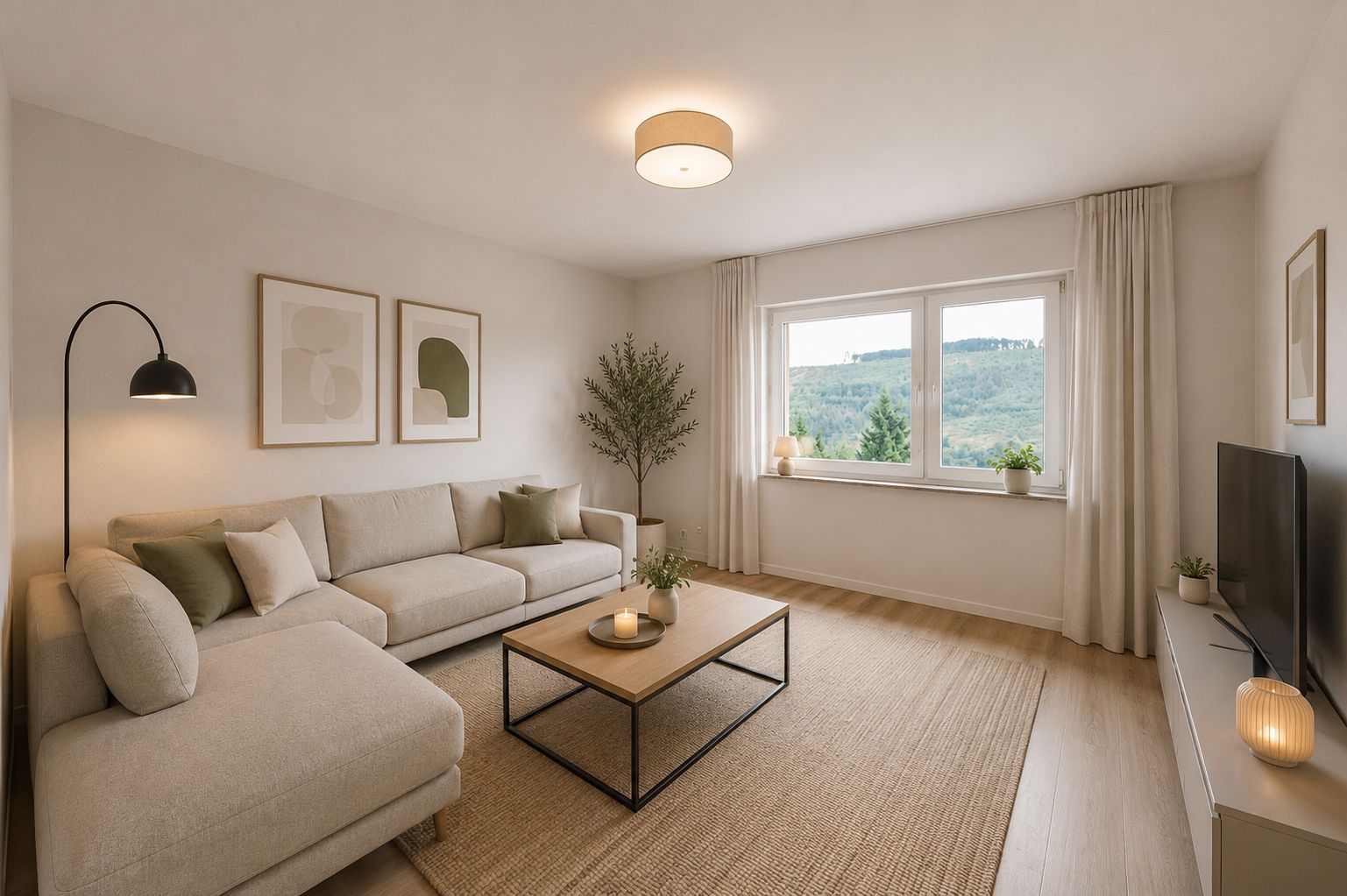 Helles Wohnzimmer mit beiger Eckcouch, Holztisch, Fernseher und großem Fenster mit Blick ins Grüne.