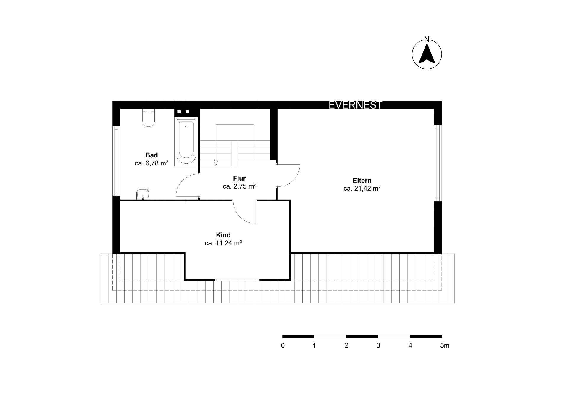 Grundriss zeigt Bad, Flur, Kinderzimmer und Elternschlafzimmer mit Flächenangaben.